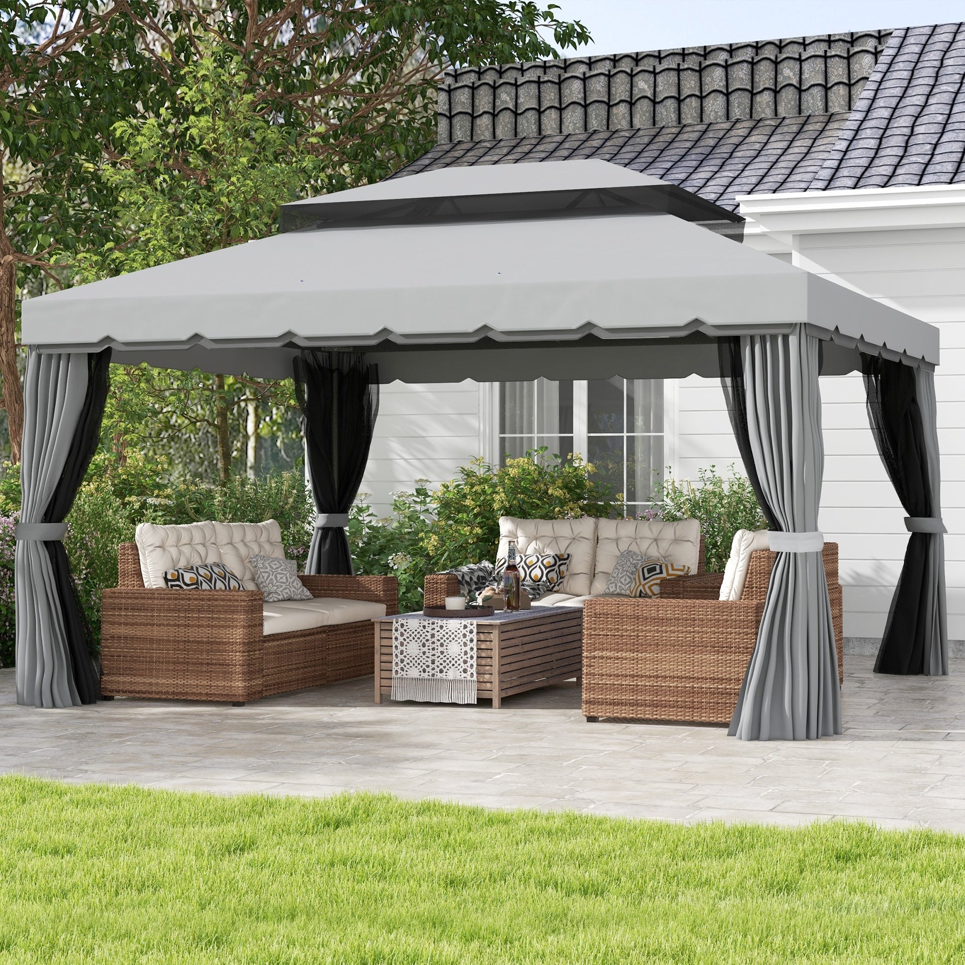 Outsunny 10' x 13' Patio Gazebo w/ Aluminum Frame Double Roof, Outdoor Gazebo Canopy Shelter with Netting & Curtains, Gray