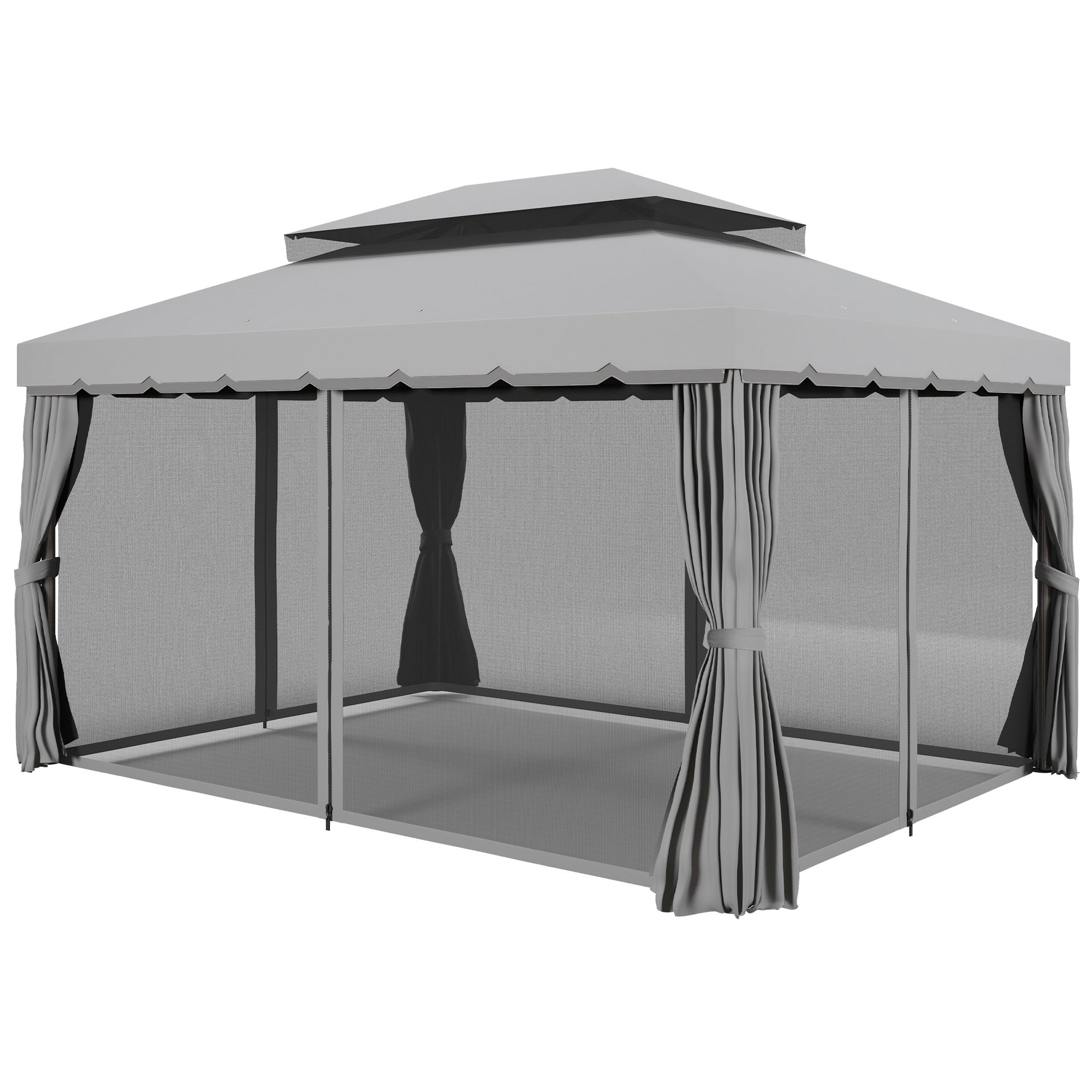 Outsunny 10' x 13' Patio Gazebo w/ Aluminum Frame Double Roof, Outdoor Gazebo Canopy Shelter with Netting & Curtains, Gray