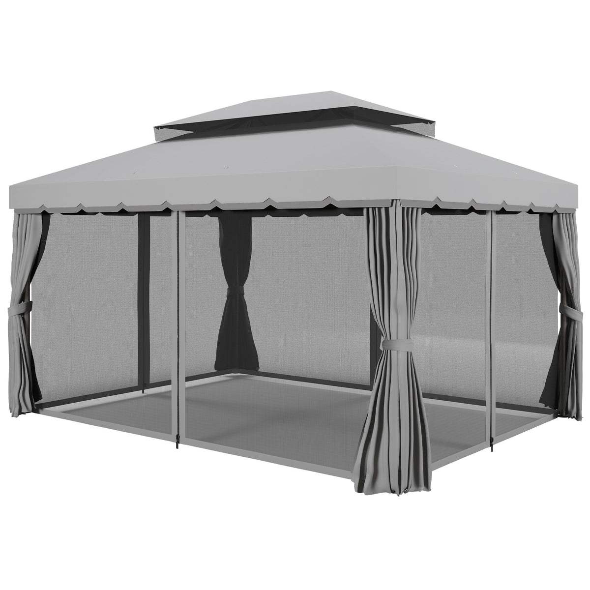 Outsunny 10' x 13' Patio Gazebo w/ Aluminum Frame Double Roof, Outdoor Gazebo Canopy Shelter with Netting & Curtains, Gray