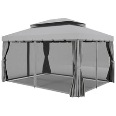 Outsunny 10' x 13' Patio Gazebo w/ Aluminum Frame Double Roof, Outdoor Gazebo Canopy Shelter with Netting & Curtains, Gray