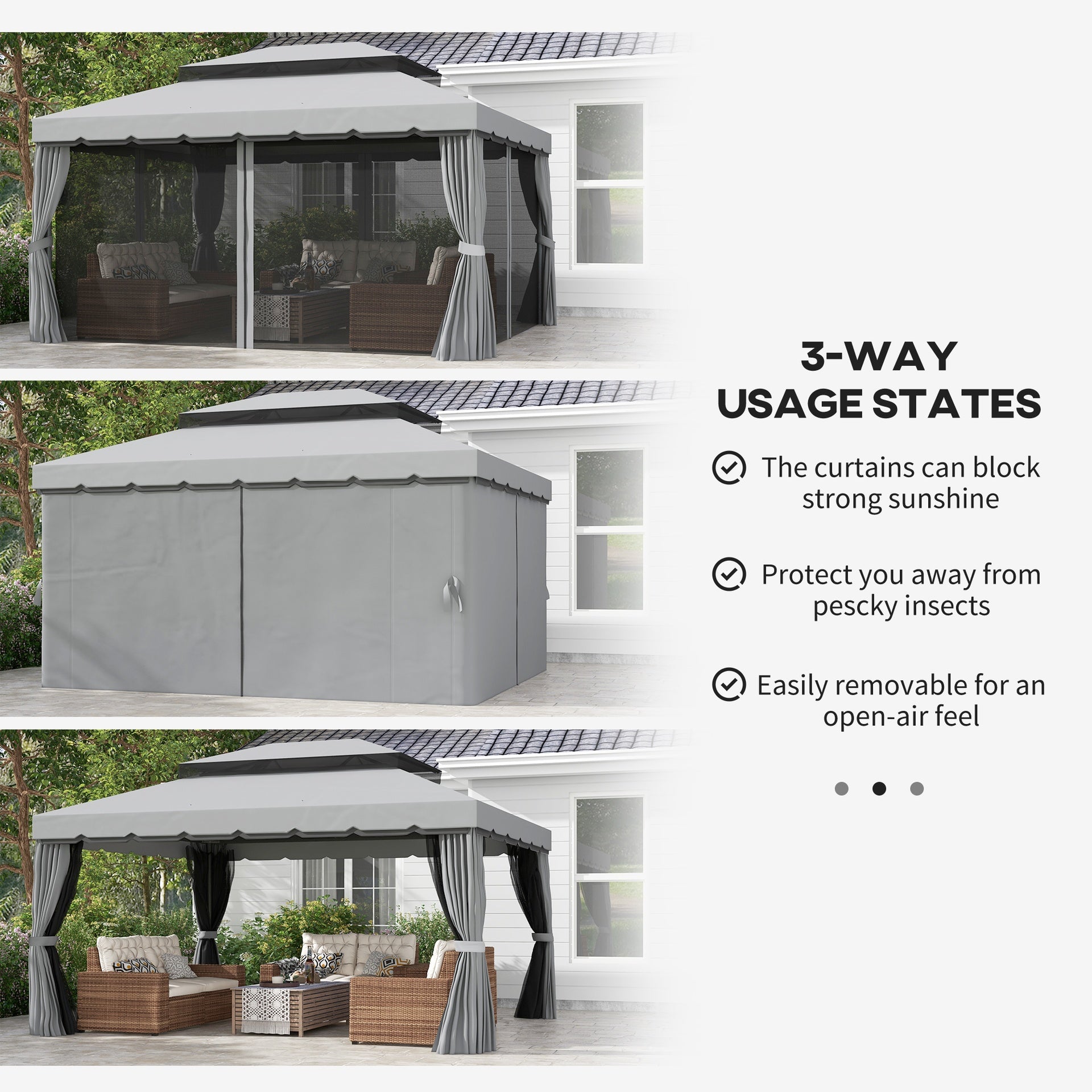 Outsunny 10' x 13' Patio Gazebo w/ Aluminum Frame Double Roof, Outdoor Gazebo Canopy Shelter with Netting & Curtains, Gray