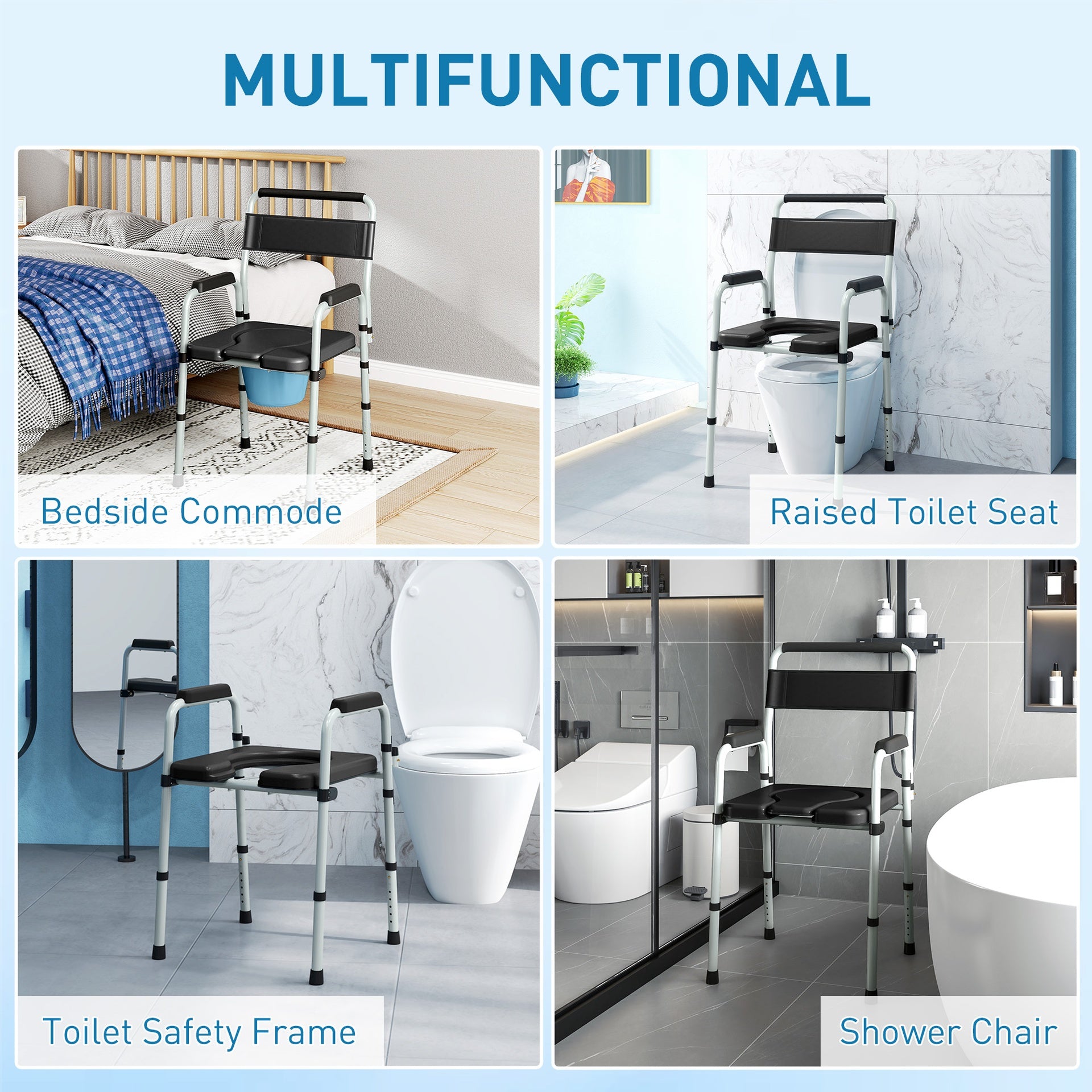 HOMCOM Bedside Commode Chair for Seniors, Adults, Handicap, Raised Toilet Seat with Arm, Adjustable Height, 331 lbs, Black