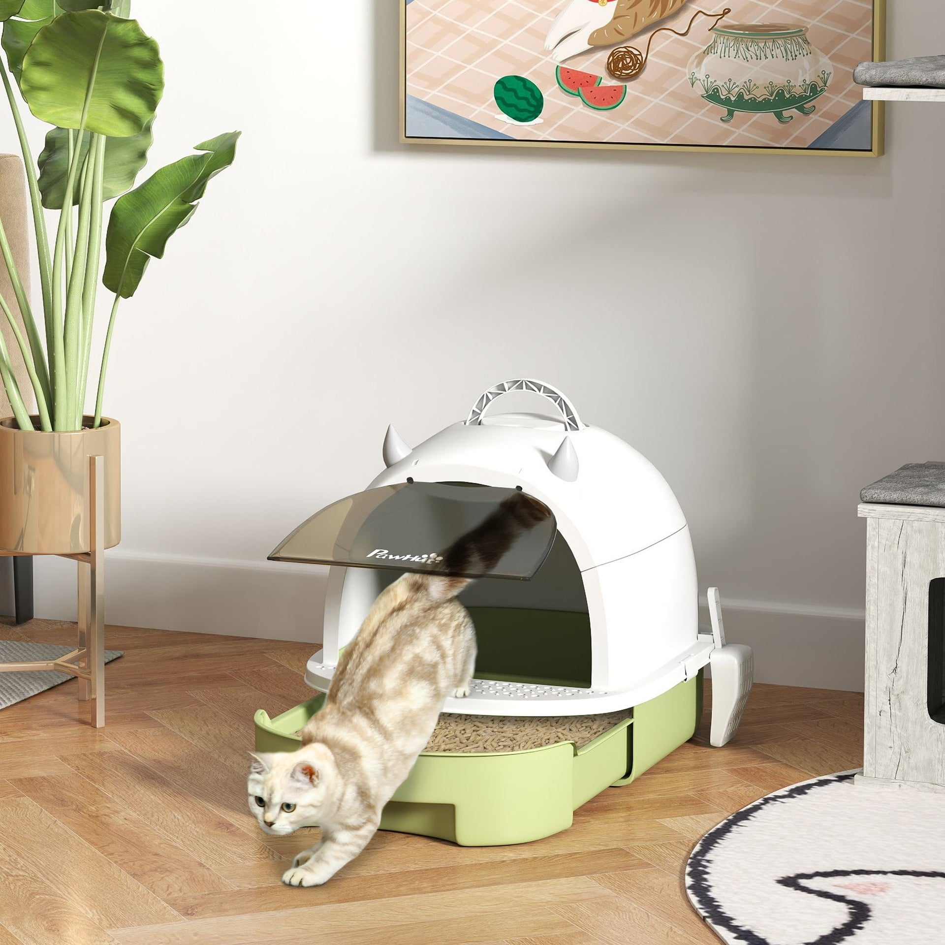 PawHut Covered Cat Litter Box with Lid, Scoop, Deodorizing Bags for Odor Control, Privacy, Easy to Clean, Green