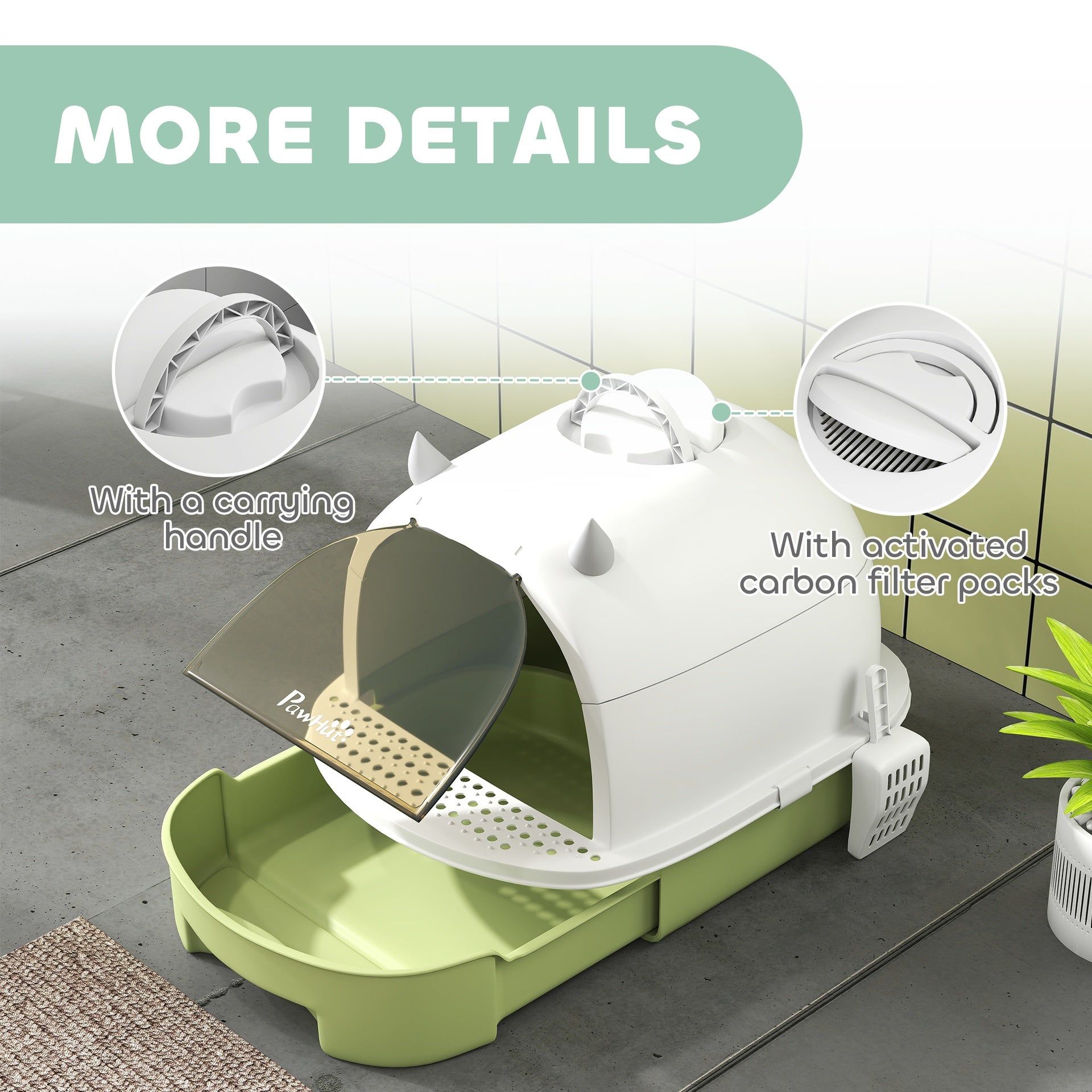 PawHut Covered Cat Litter Box with Lid, Scoop, Deodorizing Bags for Odor Control, Privacy, Easy to Clean, Green