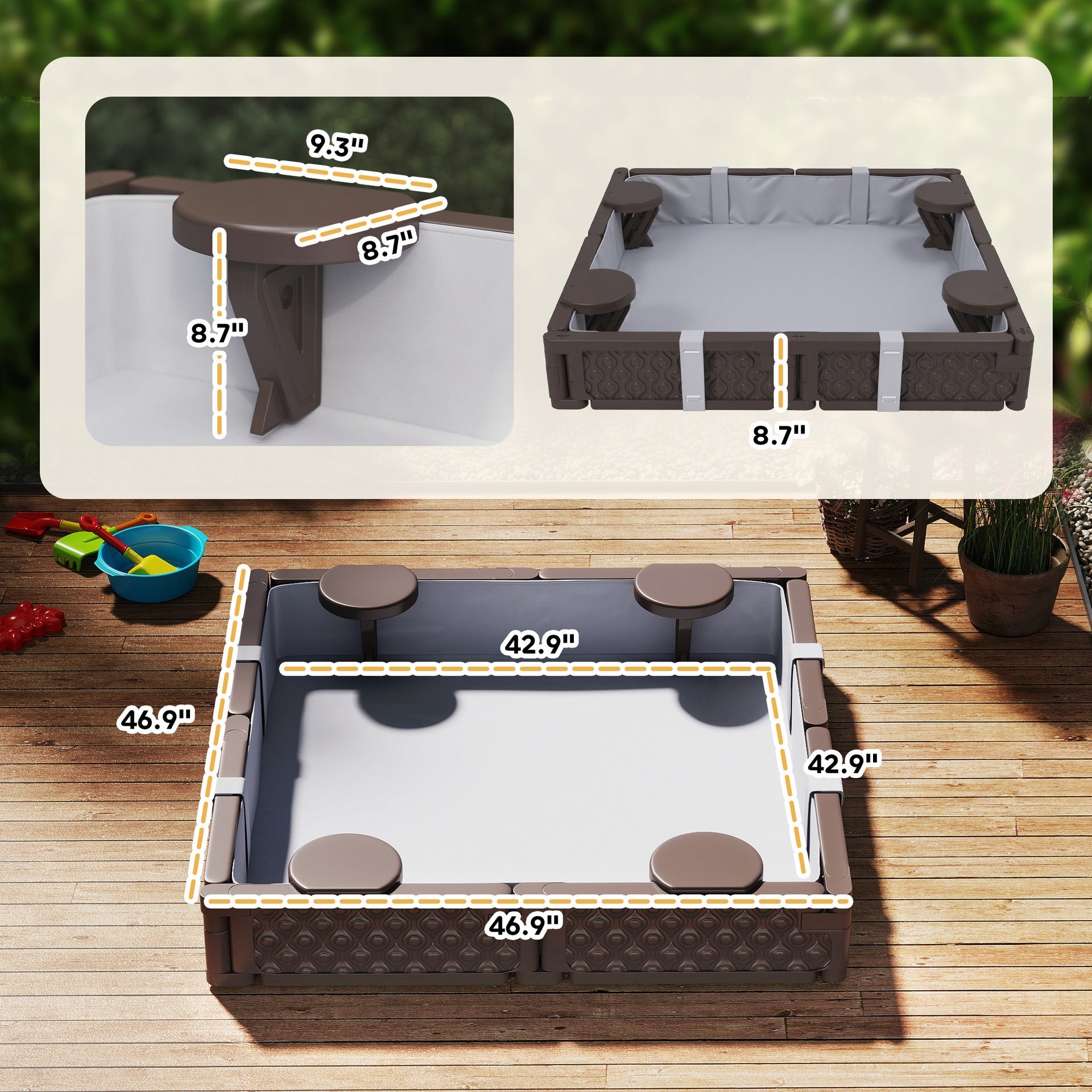 Qaba Kids Sandbox with Cover, 4 Corner Seats, Bottom Liner for Backyard, Garden, Outdoor, 47" x 47" x 9", Dark Brown