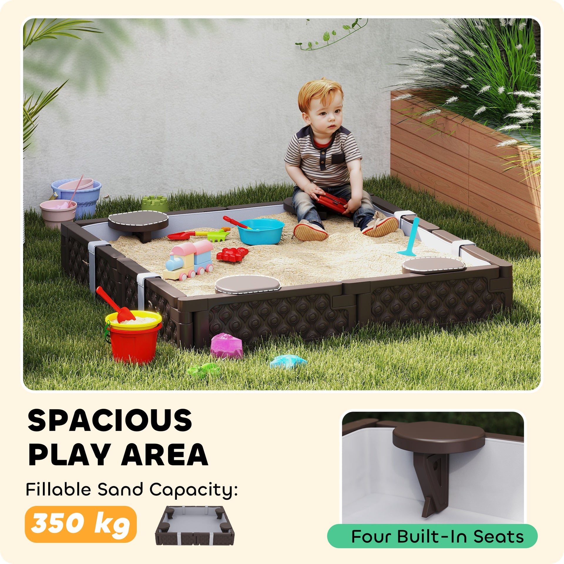 Qaba Kids Sandbox with Cover, 4 Corner Seats, Bottom Liner for Backyard, Garden, Outdoor, 47" x 47" x 9", Dark Brown