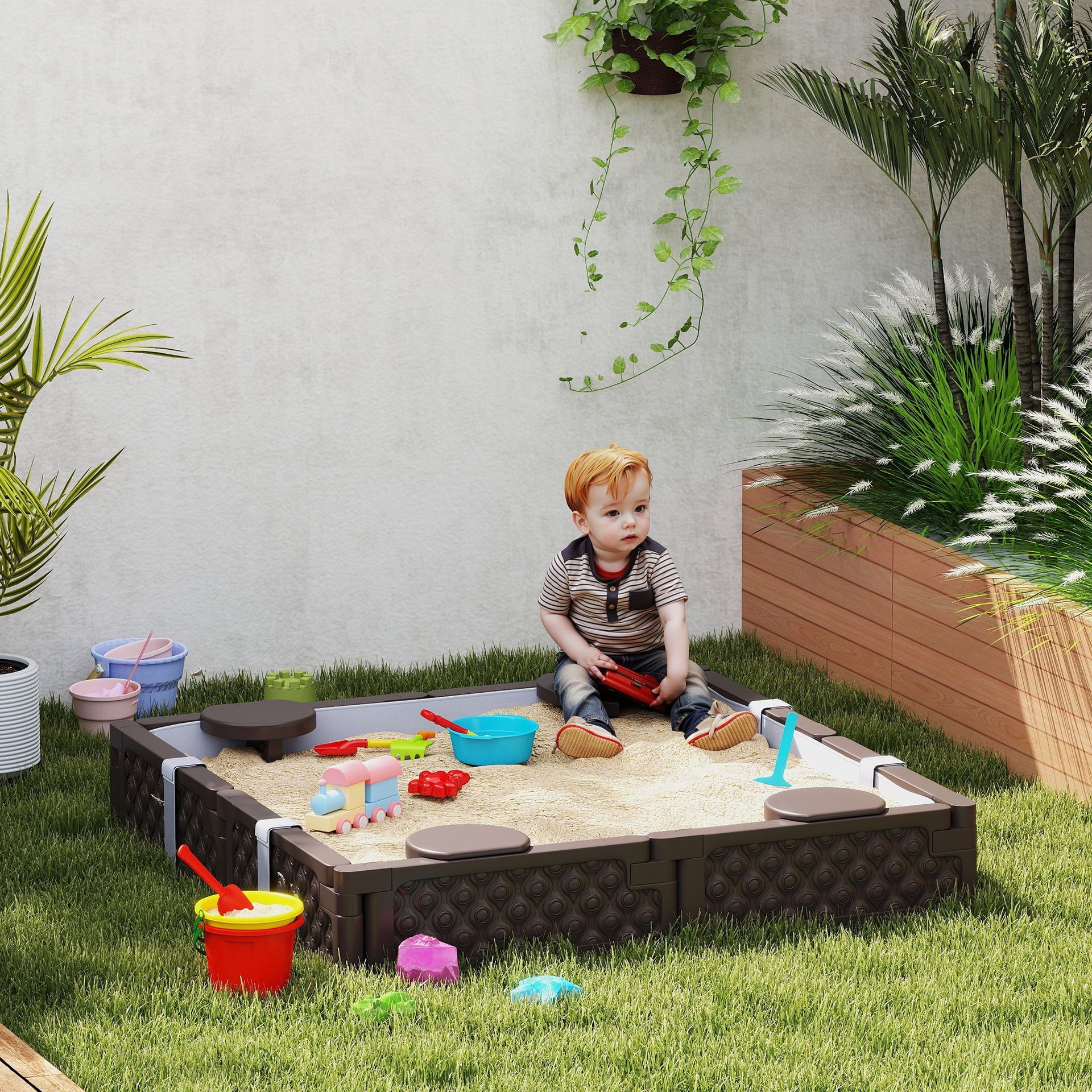 Qaba Kids Sandbox with Cover, 4 Corner Seats, Bottom Liner for Backyard, Garden, Outdoor, 47" x 47" x 9", Dark Brown