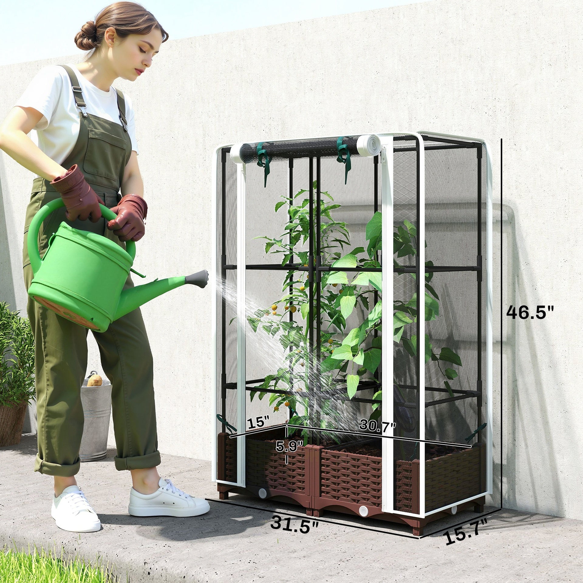 Outsunny Raised Garden Bed with Trellis, 46.5" Tomato Cage with Crop Cage, Self Watering Planter Box with Drainage Holes, White