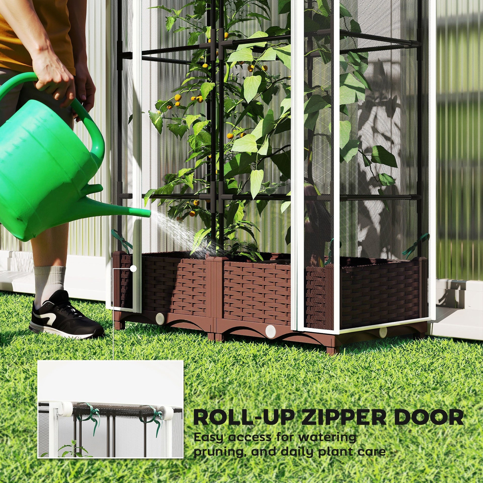 Outsunny Raised Garden Bed with Trellis, 46.5" Tomato Cage with Crop Cage, Self Watering Planter Box with Drainage Holes, White