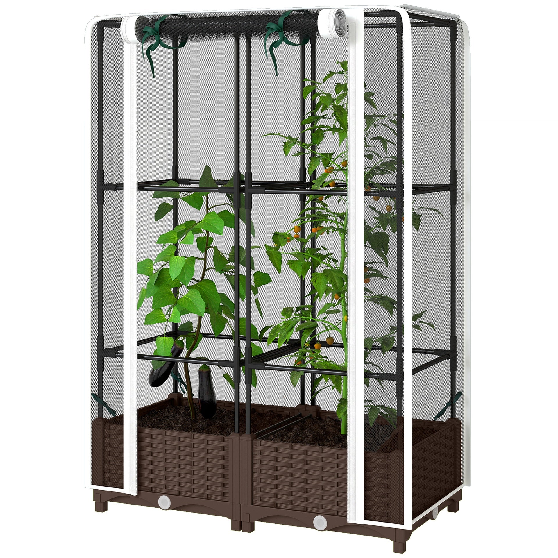 Outsunny Raised Garden Bed with Trellis, 46.5" Tomato Cage with Crop Cage, Self Watering Planter Box with Drainage Holes, White