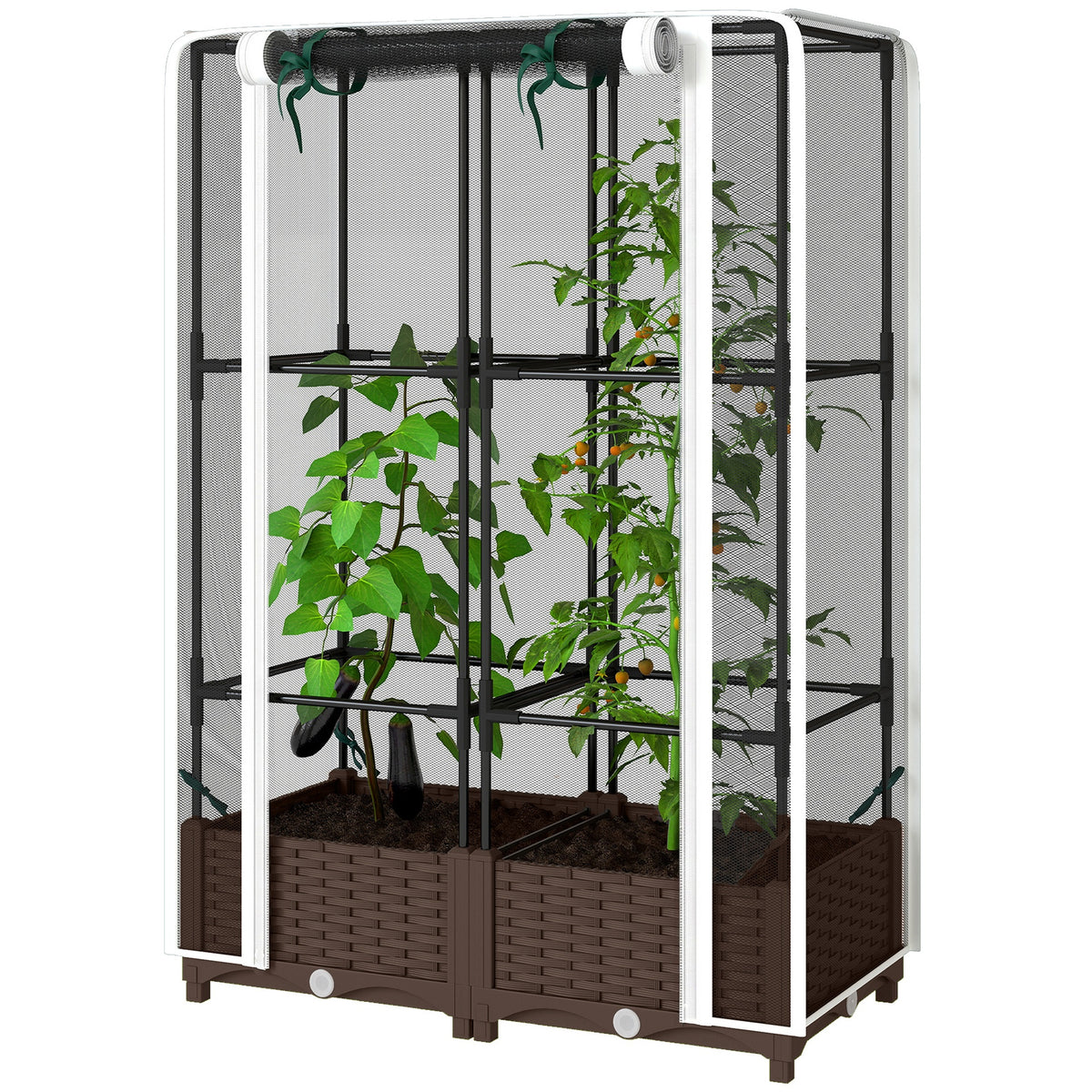 Outsunny Raised Garden Bed with Trellis, 46.5" Tomato Cage with Crop Cage, Self Watering Planter Box with Drainage Holes, White