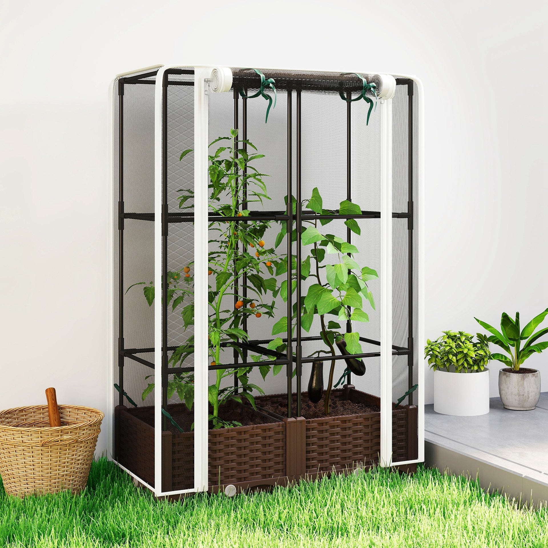 Outsunny Raised Garden Bed with Trellis, 46.5" Tomato Cage with Crop Cage, Self Watering Planter Box with Drainage Holes, White