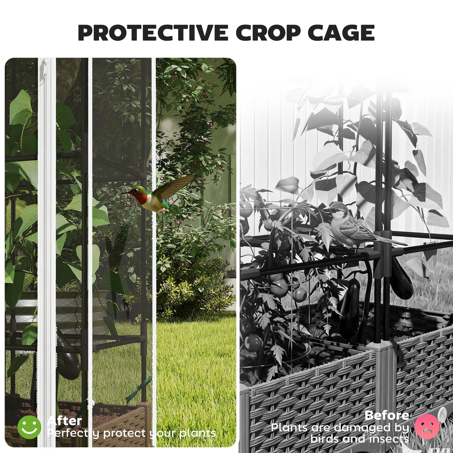 Outsunny Raised Garden Bed with Trellis, 46.5" Tomato Cage with Crop Cage, Self Watering Planter Box with Drainage Holes, White