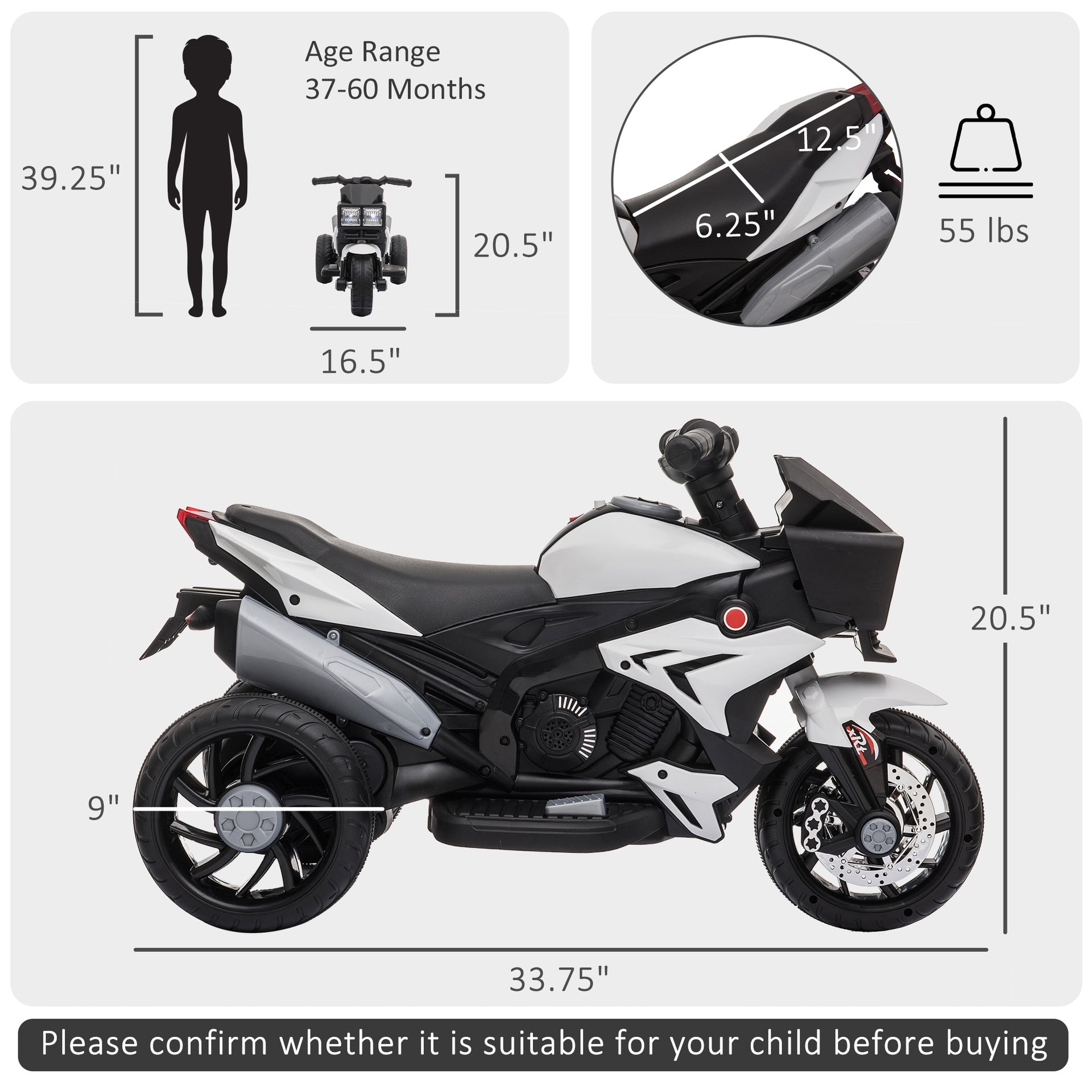 Aosom 6V Kids Motorcycle Toddler Ride-on Toy, High-Traction Battery-Operated Mini Electric Motorbike with Forward/Reverse Switch, Music, Headlights, Horn, White