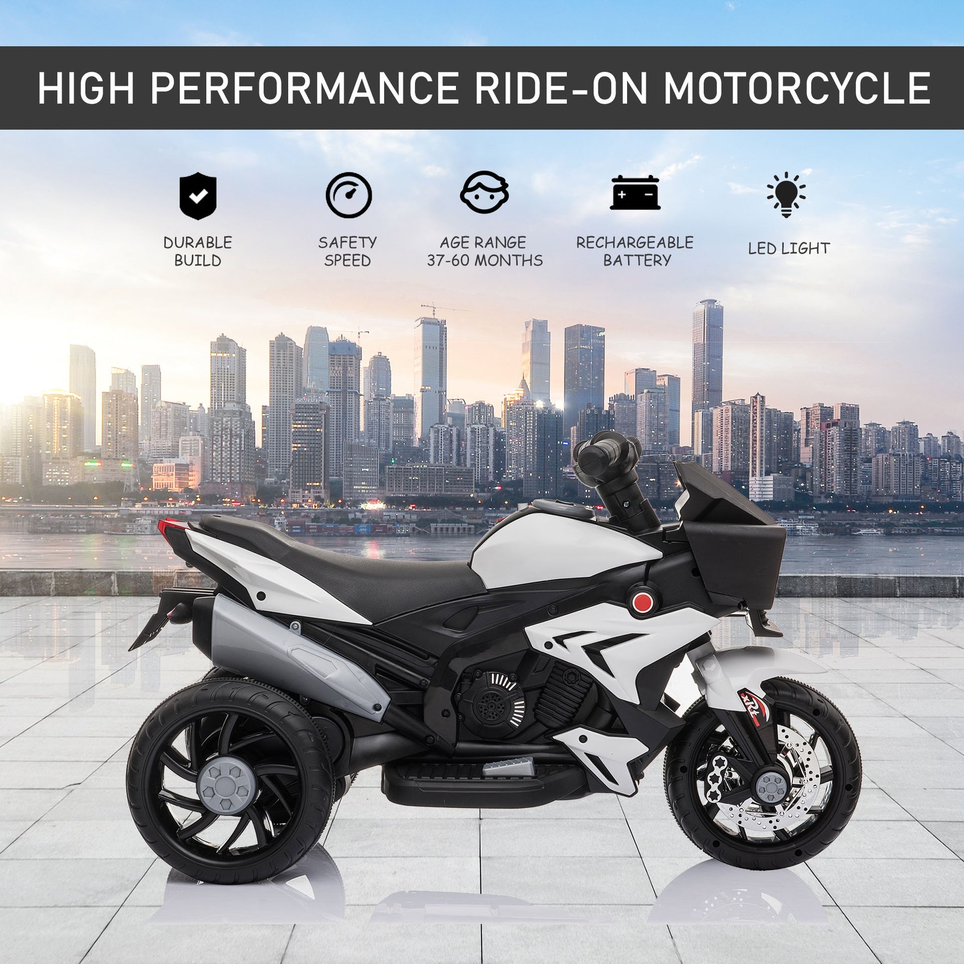 Aosom 6V Kids Motorcycle Toddler Ride-on Toy, High-Traction Battery-Operated Mini Electric Motorbike with Forward/Reverse Switch, Music, Headlights, Horn, White