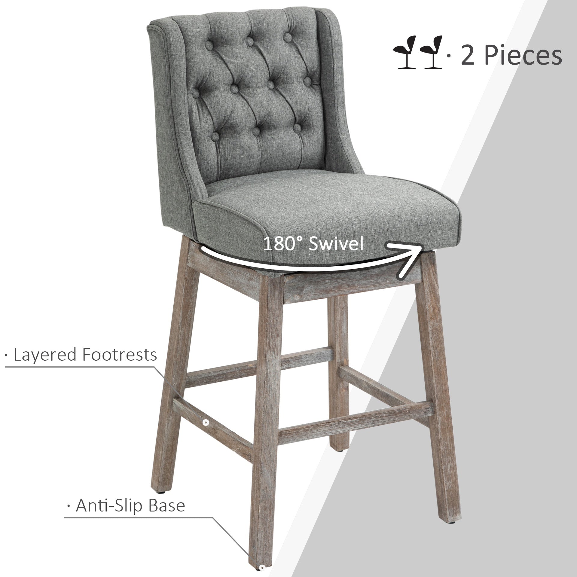 HOMCOM Bar Height Bar Stools Set of 2, 180 Degree Swivel Barstools with Solid Wood Footrests and Button Tufted Design, 30" Seat Height Bar Chairs for Kitchen Island, Gray