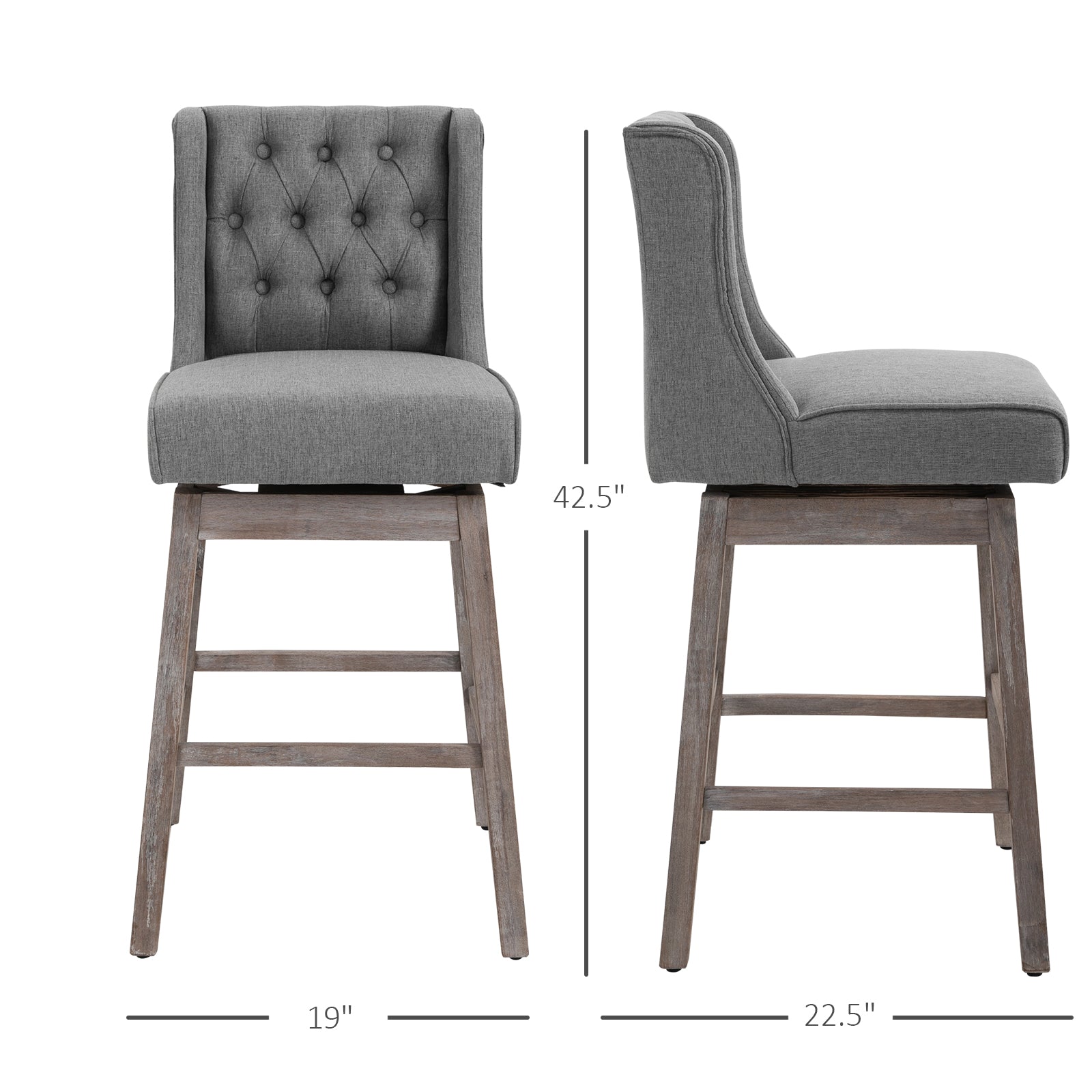 HOMCOM Bar Height Bar Stools Set of 2, 180 Degree Swivel Barstools with Solid Wood Footrests and Button Tufted Design, 30" Seat Height Bar Chairs for Kitchen Island, Gray
