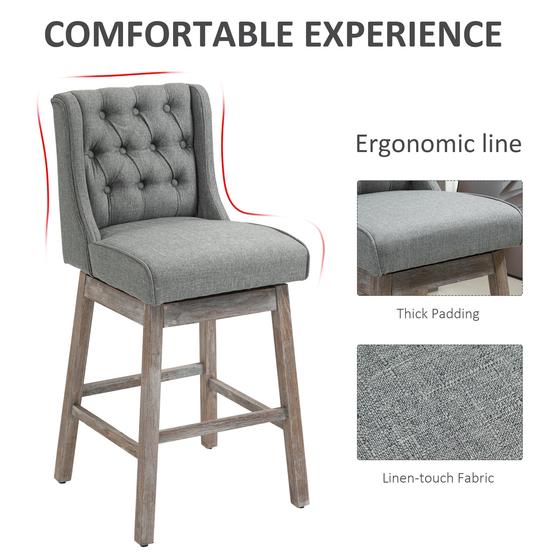HOMCOM Bar Height Bar Stools Set of 2, 180 Degree Swivel Barstools with Solid Wood Footrests and Button Tufted Design, 30" Seat Height Bar Chairs for Kitchen Island, Gray