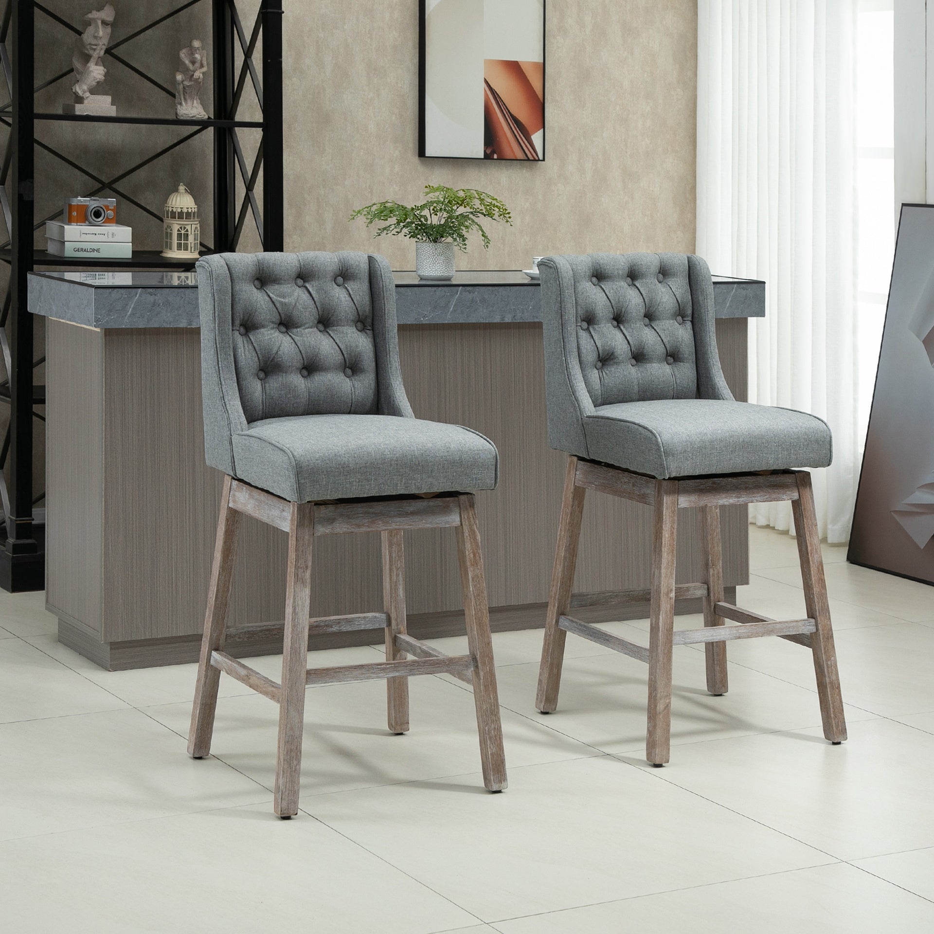 HOMCOM Bar Height Bar Stools Set of 2, 180 Degree Swivel Barstools with Solid Wood Footrests and Button Tufted Design, 30" Seat Height Bar Chairs for Kitchen Island, Gray