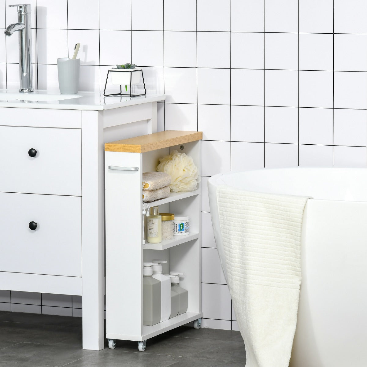 Kleankin Slim Bathroom Cabinet with Castor Wheels Storage Organizer and Wood Shelves To Fit In Small Spaces, White
