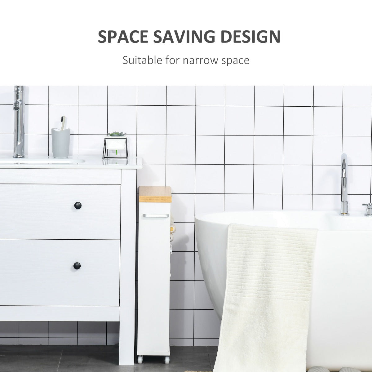 Kleankin Slim Bathroom Cabinet with Castor Wheels Storage Organizer and Wood Shelves To Fit In Small Spaces, White