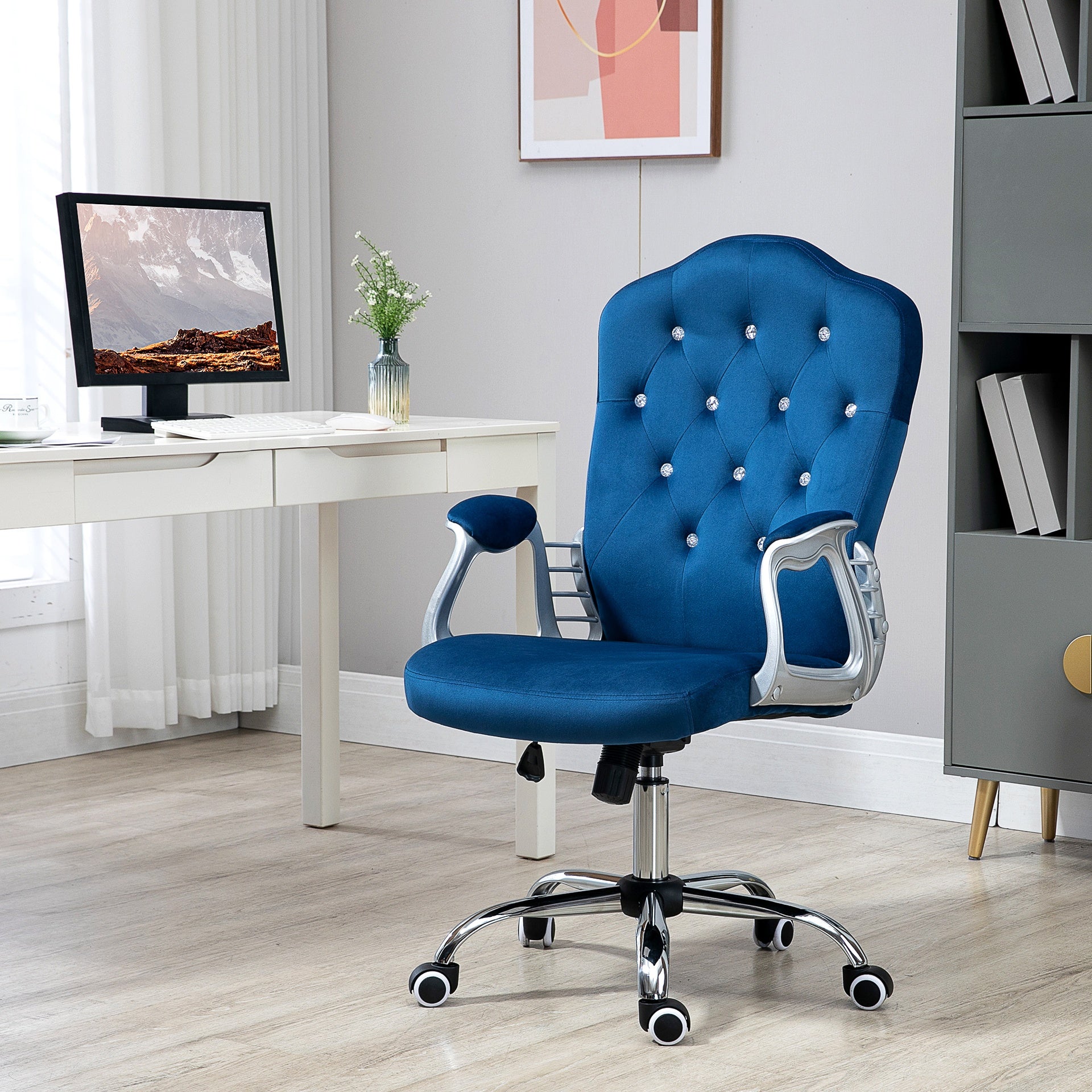 Vinsetto Velvet Office Chair Desk Chair with 360 Degree Swivel Wheels Adjustable Height Tilt Function Blue