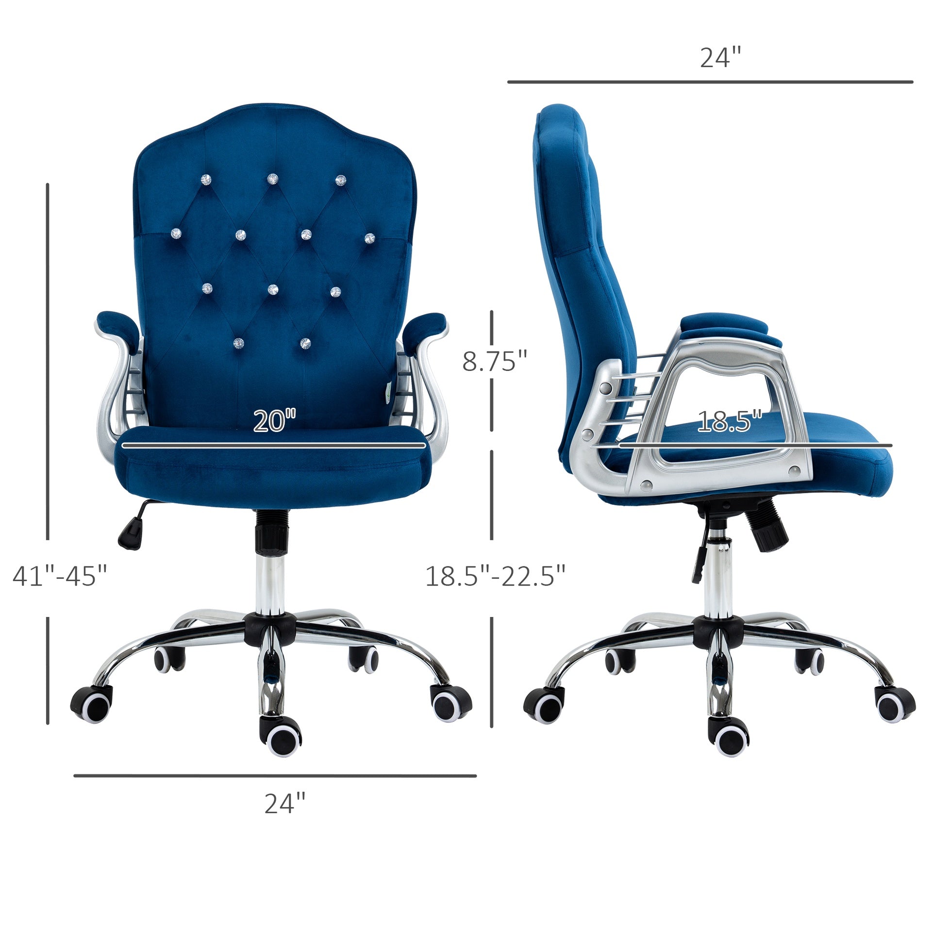 Vinsetto Velvet Office Chair Desk Chair with 360 Degree Swivel Wheels Adjustable Height Tilt Function Blue