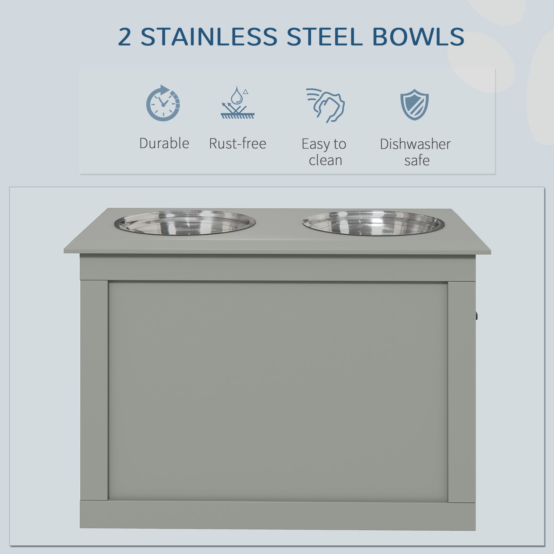 PawHut Raised Pet Feeding Storage Station with 2 Stainless Steel Bowls Base for Large Dogs and Other Large Pets, Gray