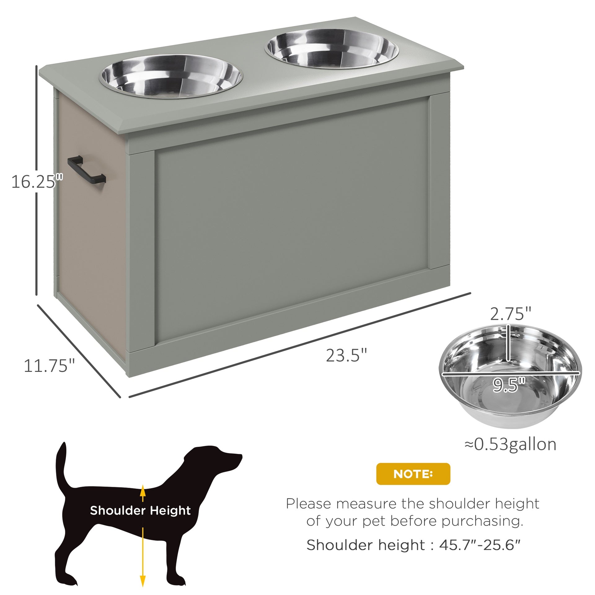 PawHut Raised Pet Feeding Storage Station with 2 Stainless Steel Bowls Base for Large Dogs and Other Large Pets, Gray
