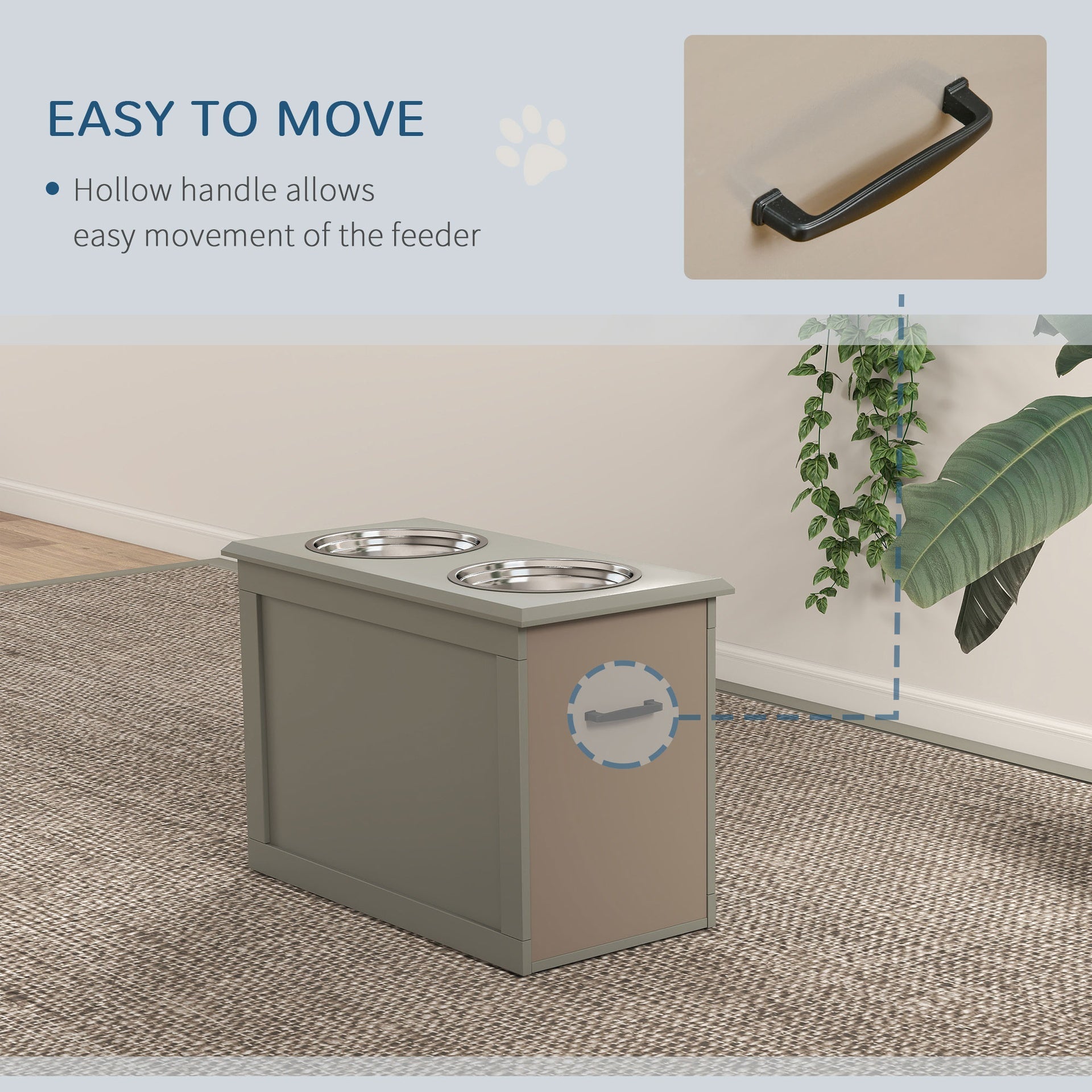 PawHut Raised Pet Feeding Storage Station with 2 Stainless Steel Bowls Base for Large Dogs and Other Large Pets, Gray