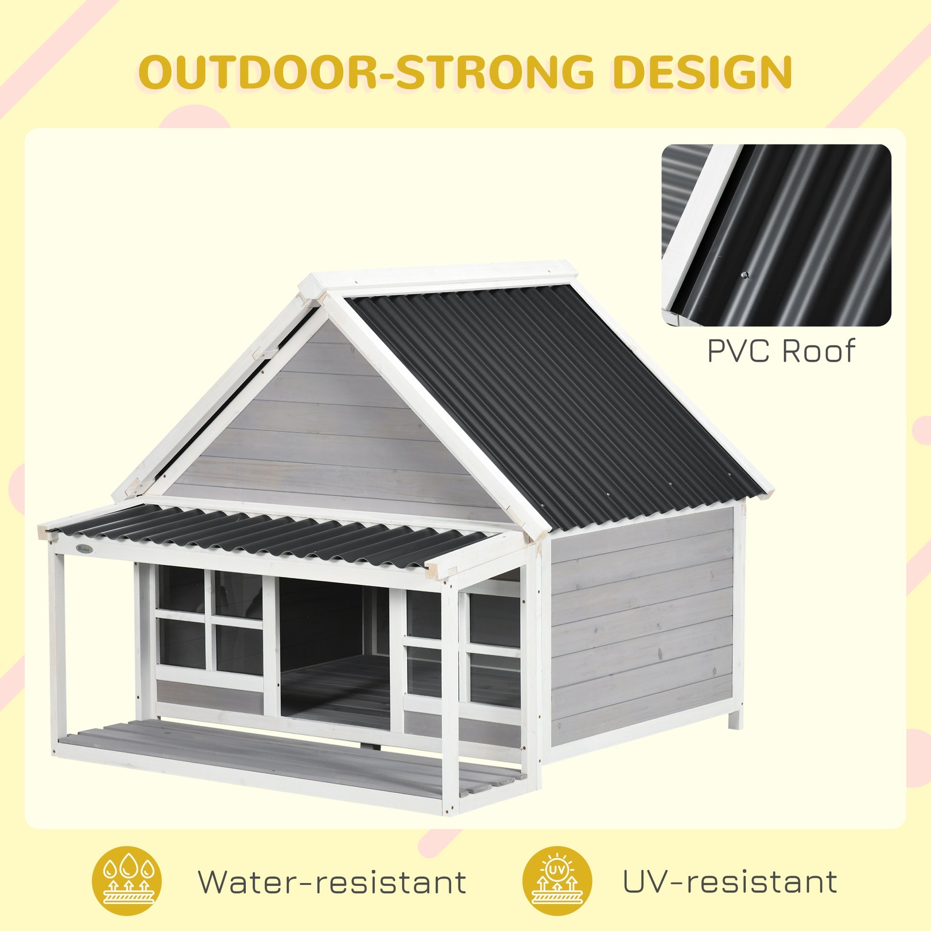 PawHut Wooden Dog House with Porch, Dog House Outdoor with Tilt Roof, Front Door, Windows for Medium Large Sized Dog