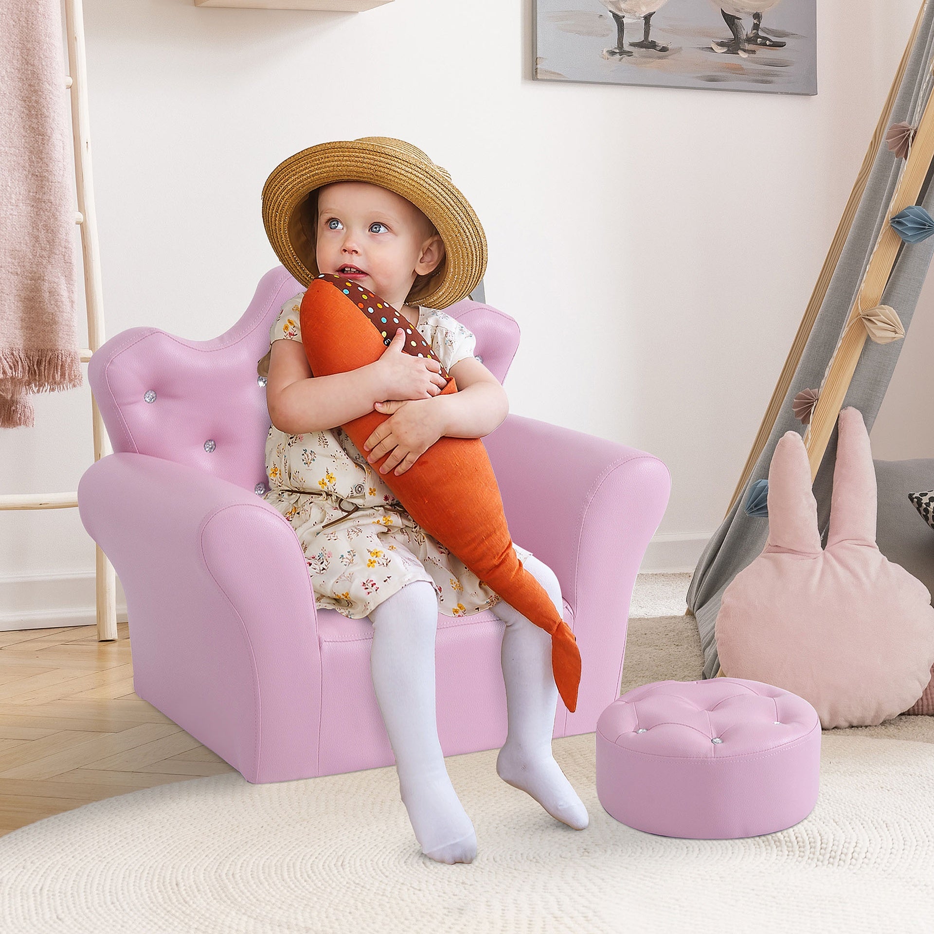 Qaba Kids Sofa Set with Footstool, Princess Sofa with Diamond Decoration