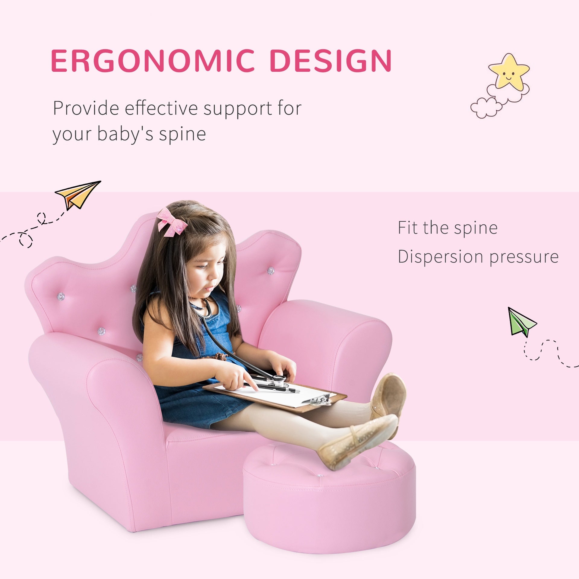 Qaba Kids Sofa Set with Footstool, Princess Sofa with Diamond Decoration