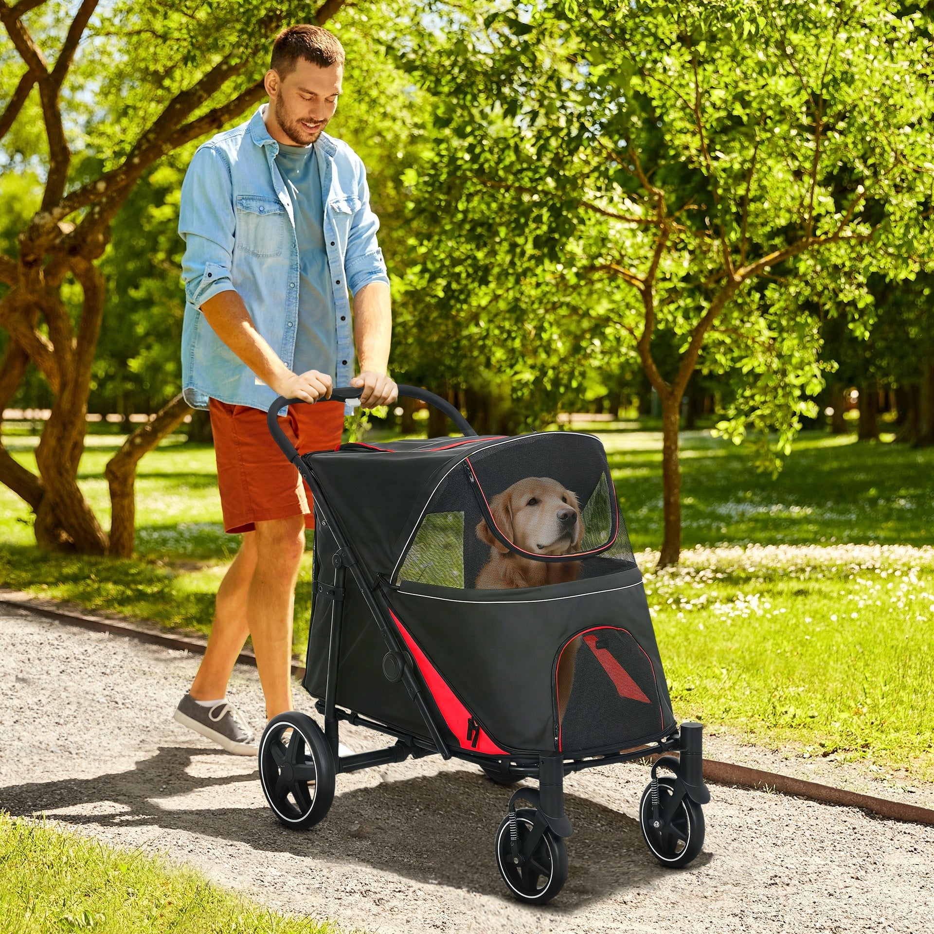 PawHut One-Click Foldable Dog Stroller for M, L Dogs, Pet Stroller, Black