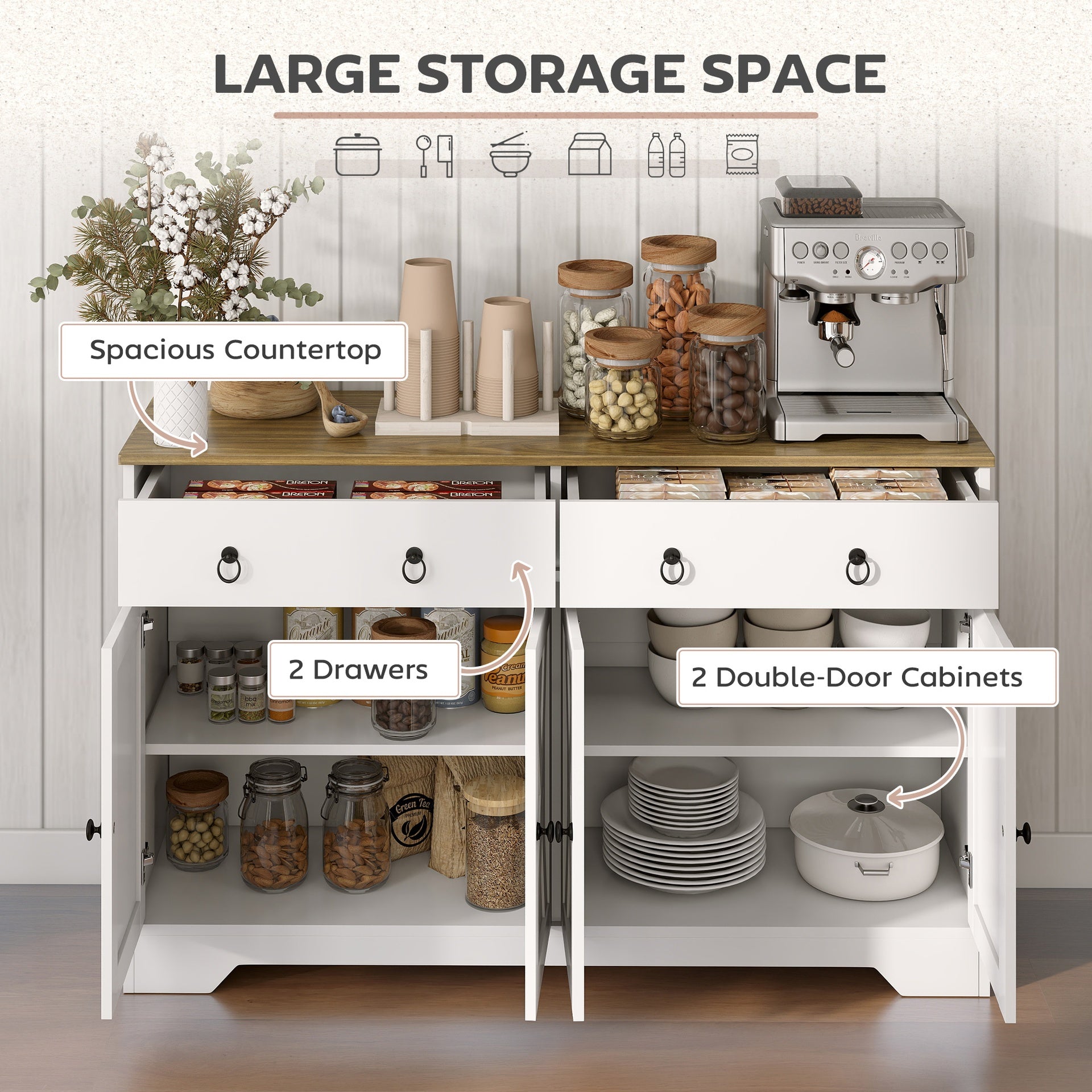 HOMCOM Kitchen Storage Sideboard, Farmhouse Buffet Cabinet with Barn Style Doors, Drawers, Adjustable Shelves, White