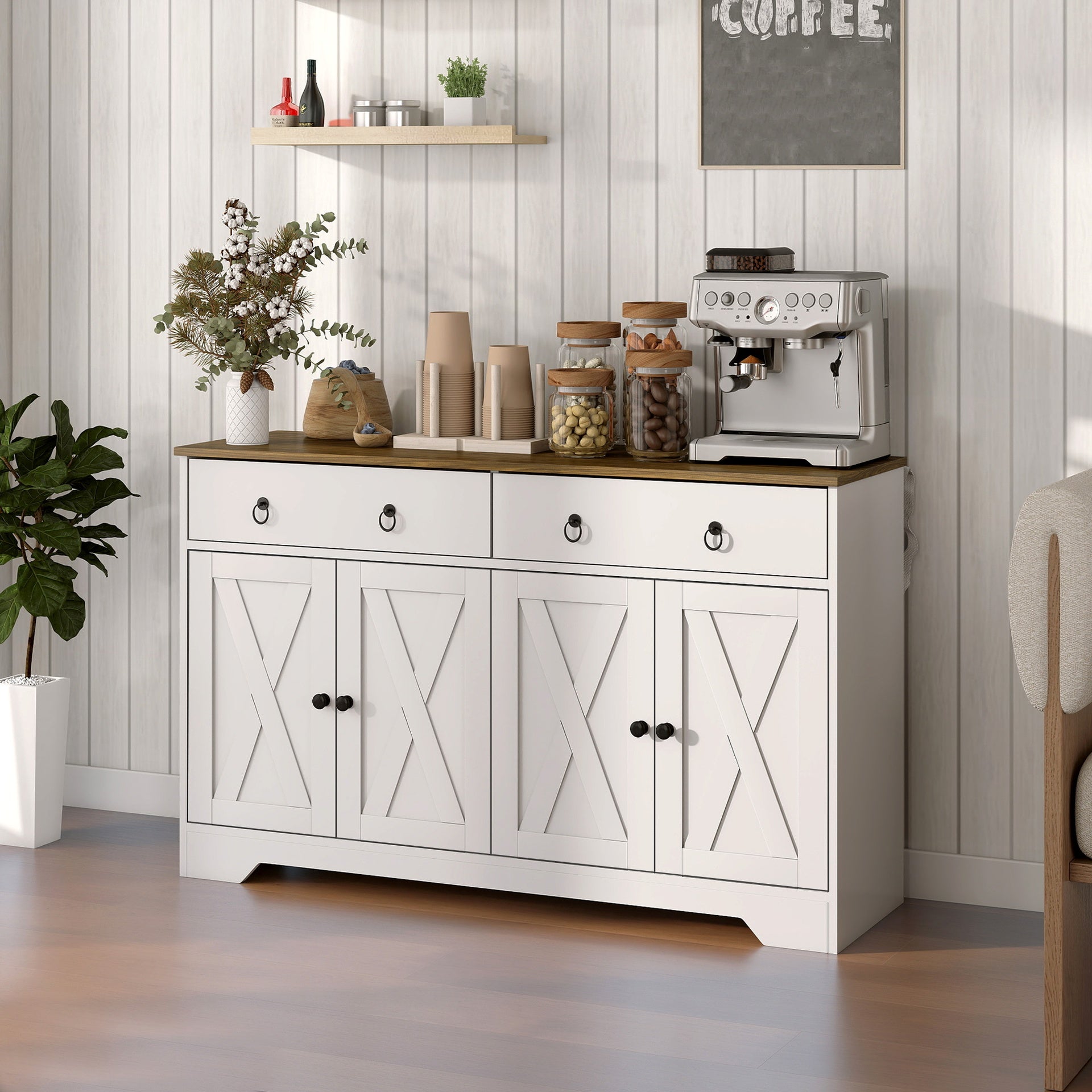HOMCOM Kitchen Storage Sideboard, Farmhouse Buffet Cabinet with Barn Style Doors, Drawers, Adjustable Shelves, White