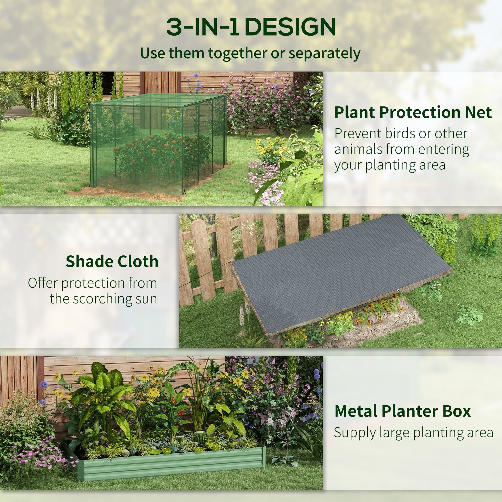 Outsunny Galvanized Steel Planter Box with Crop Cage and Shade Cloth, Raised Garden Bed for Flowers, Veggies and Herbs, Green