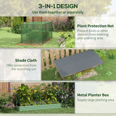 Outsunny Galvanized Steel Planter Box with Crop Cage and Shade Cloth, Raised Garden Bed for Flowers, Veggies and Herbs, Green