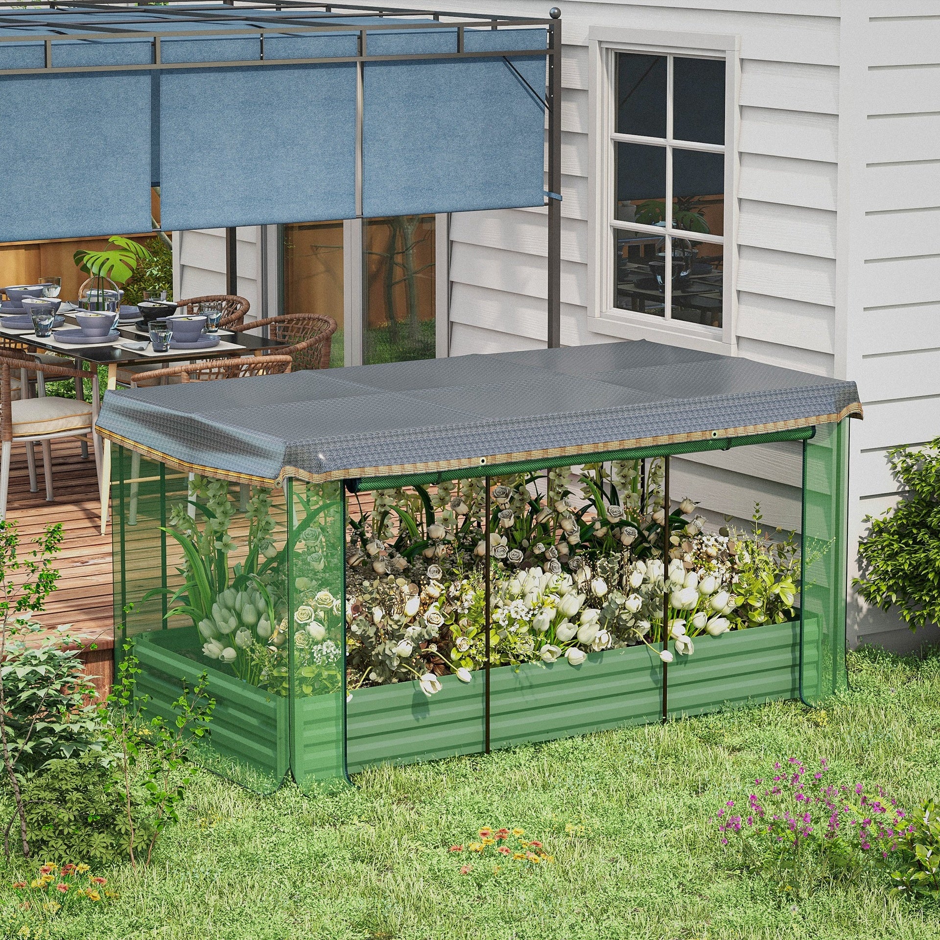 Outsunny Galvanized Steel Planter Box with Crop Cage and Shade Cloth, Raised Garden Bed for Flowers, Veggies and Herbs, Green