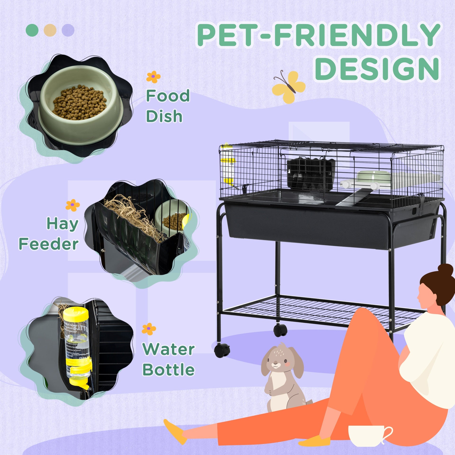 PawHut Two-Story Small Animal Cage Removable from Stand, Pet Habitat with Shelf & Wheels, 33" x 18.5" x 35", Charcoal Gray