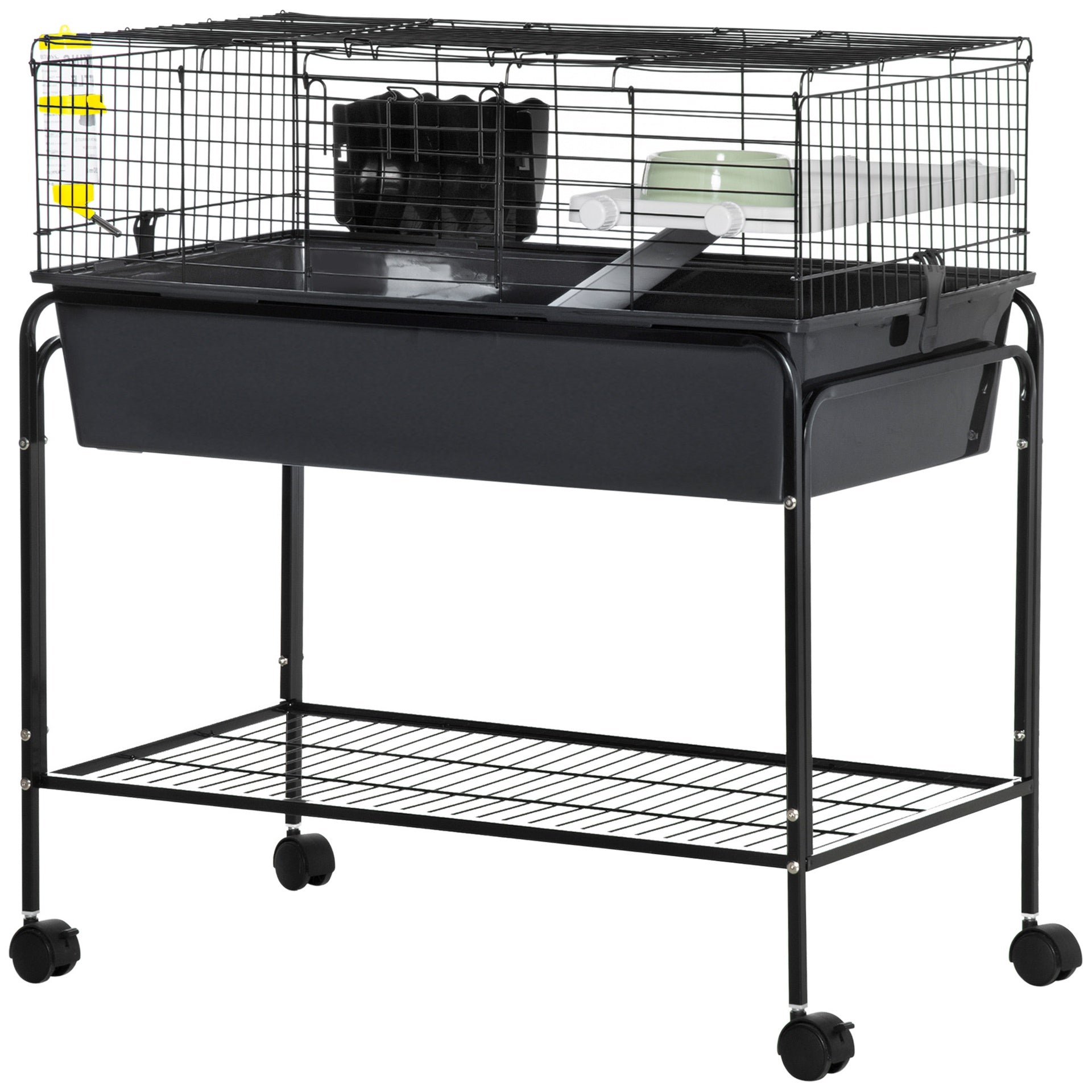 PawHut Two-Story Small Animal Cage Removable from Stand, Pet Habitat with Shelf & Wheels, 33" x 18.5" x 35", Charcoal Gray
