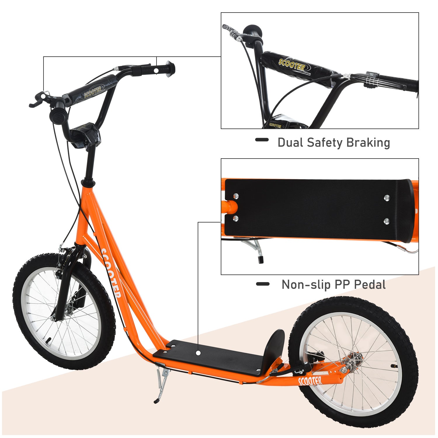 Aosom Youth Scooter Kick Scooter for Kids 5+ with Adjustable Handlebar Front and Rear Dual Brakes, Orange