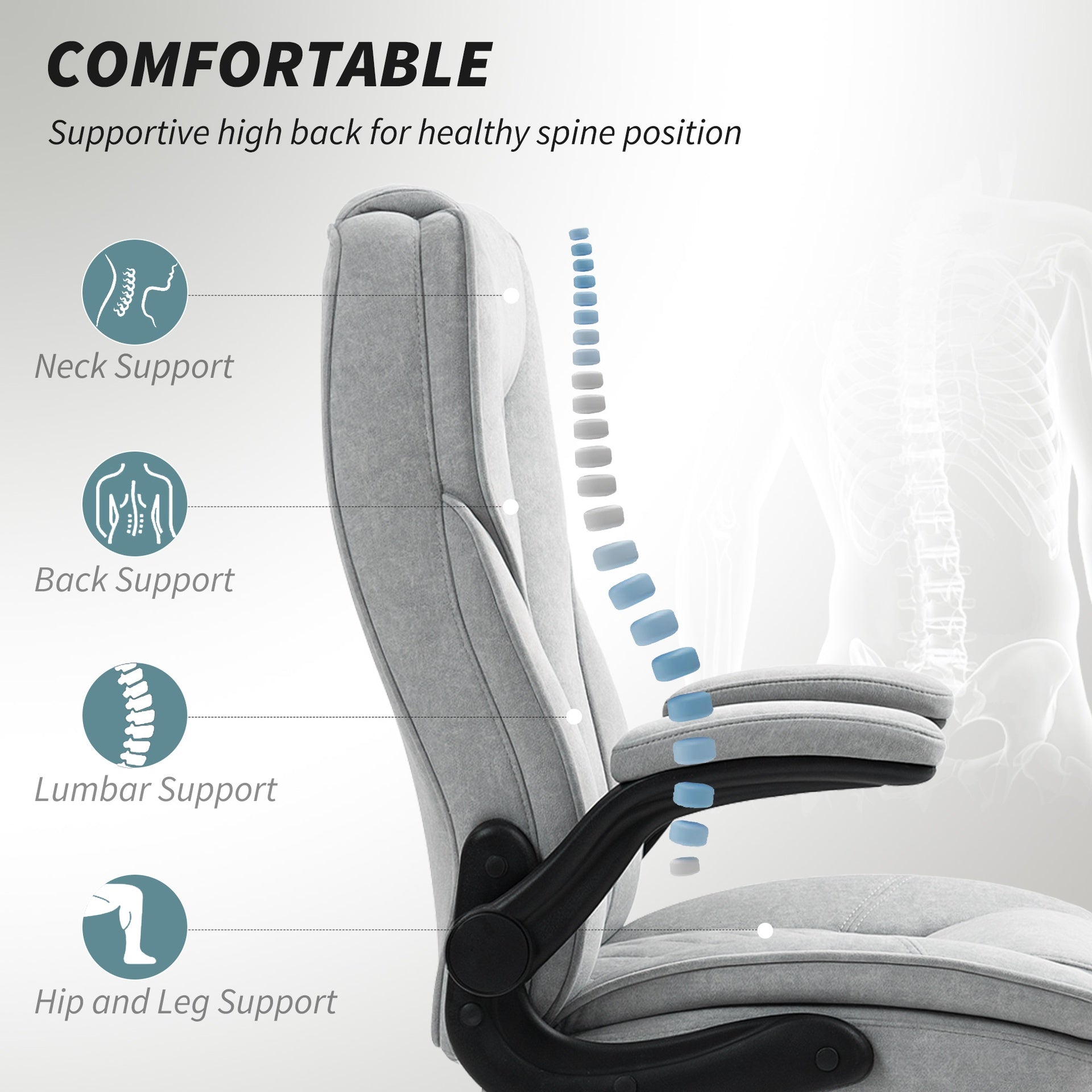 HOMCOM Executive Office Chair, Desk Chair with Flip-up Armrest, Diamond Fabric Computer Chair for Home Office, Gray