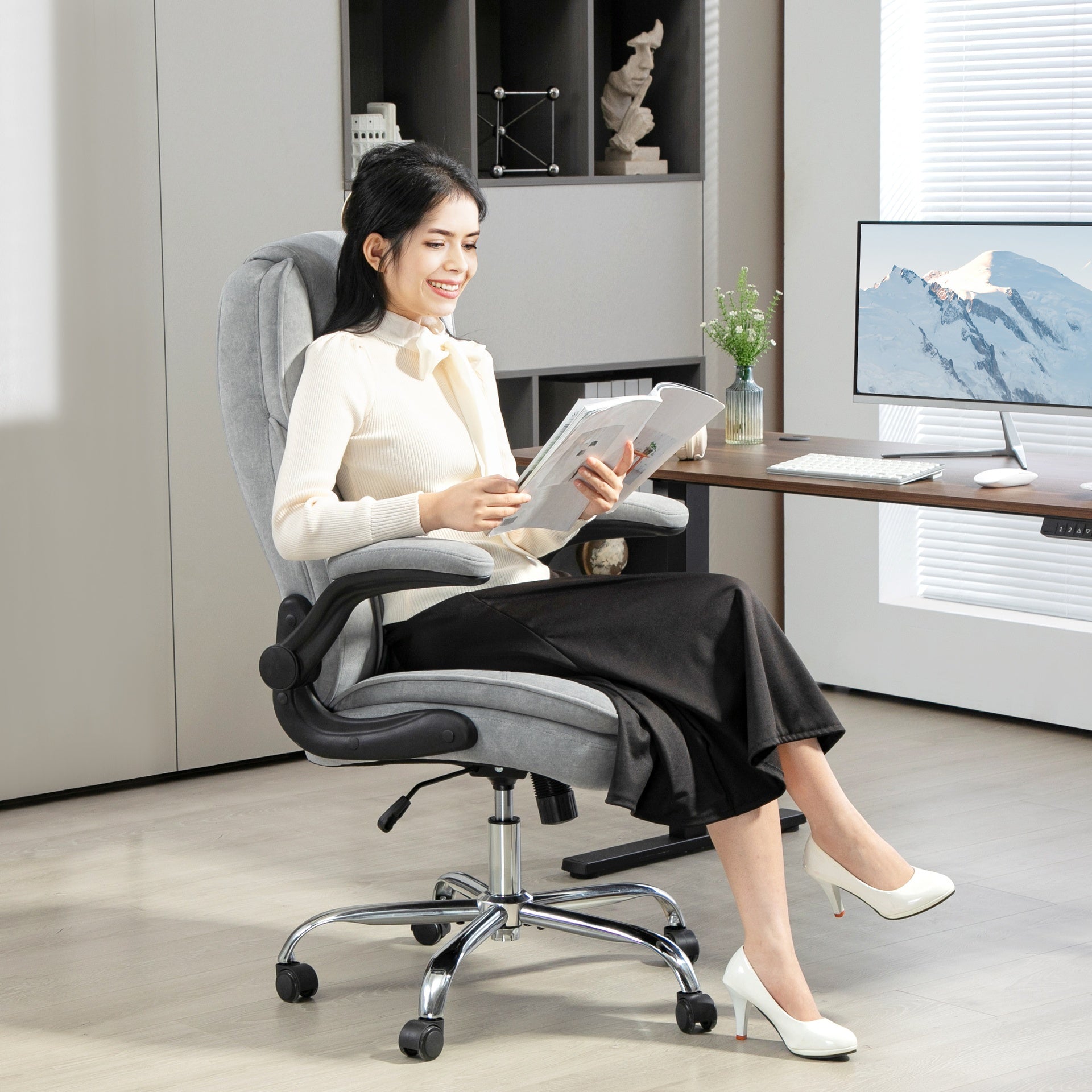 HOMCOM Executive Office Chair, Desk Chair with Flip-up Armrest, Diamond Fabric Computer Chair for Home Office, Gray