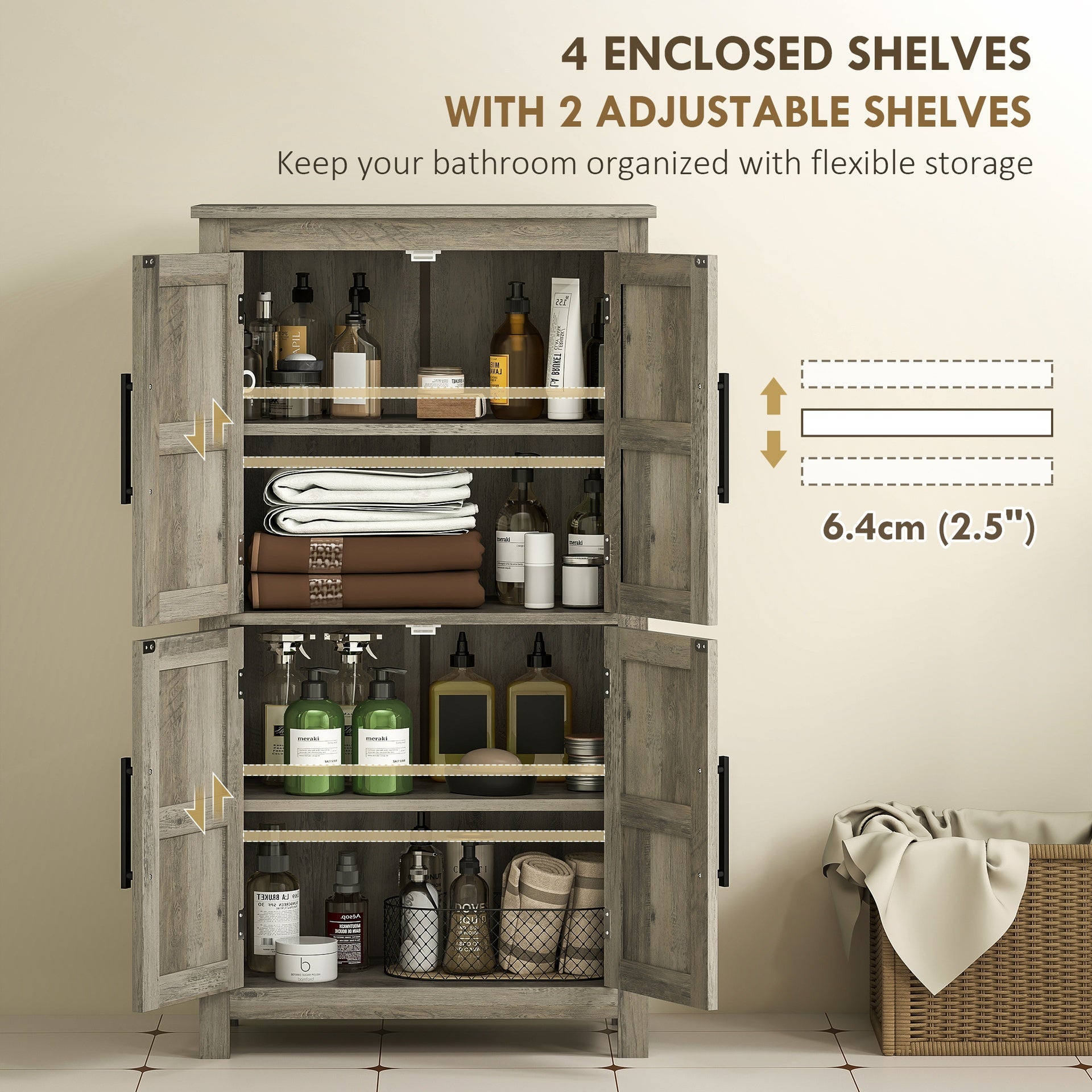 HOMCOM Bathroom Floor Storage Cabinet, Farmhouse Bathroom Cabinet with 4 Doors and Adjustable Shelf, Light Gray