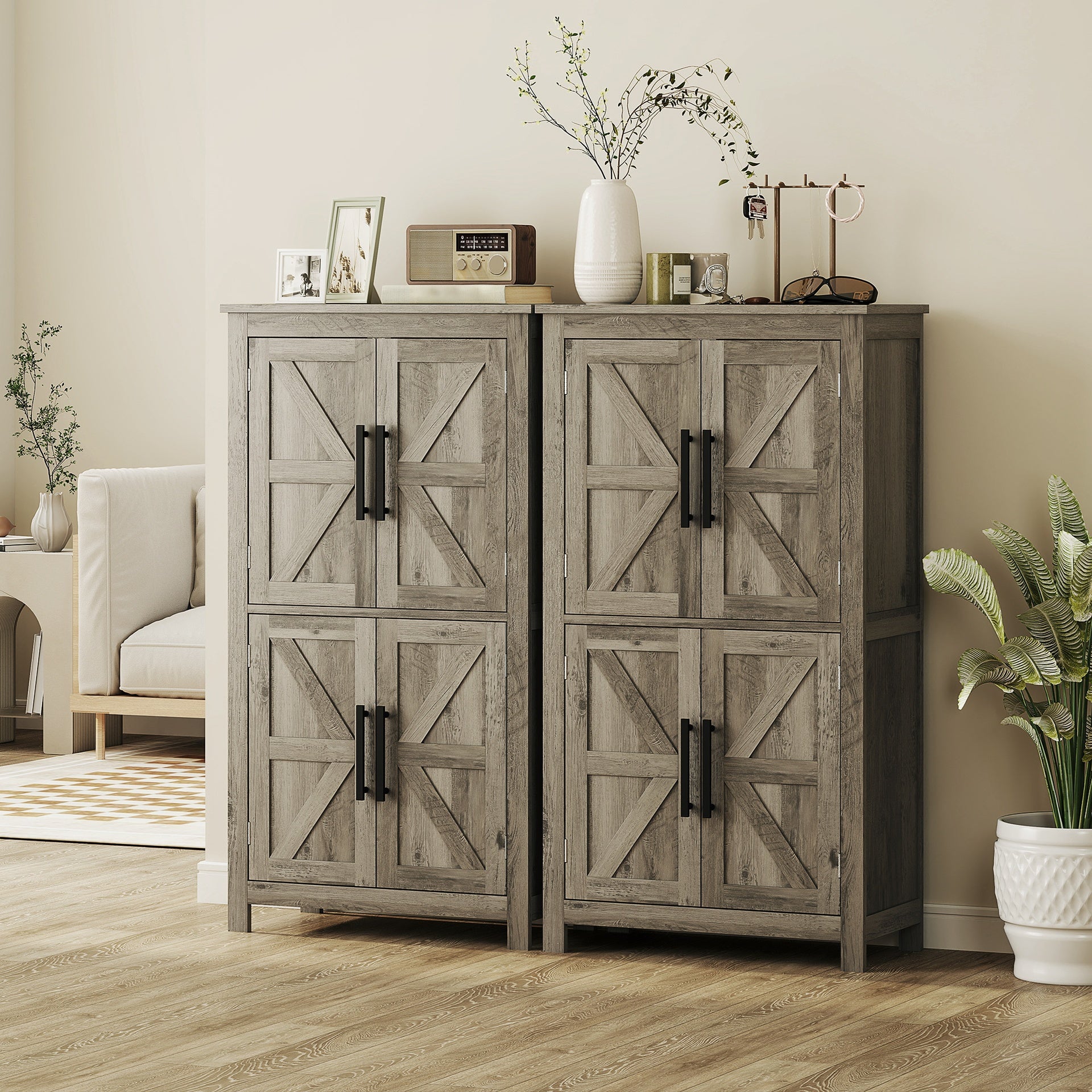 HOMCOM Bathroom Floor Storage Cabinet, Farmhouse Bathroom Cabinet with 4 Doors and Adjustable Shelf, Light Gray