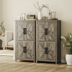 HOMCOM Bathroom Floor Storage Cabinet, Farmhouse Bathroom Cabinet with 4 Doors and Adjustable Shelf, Light Gray