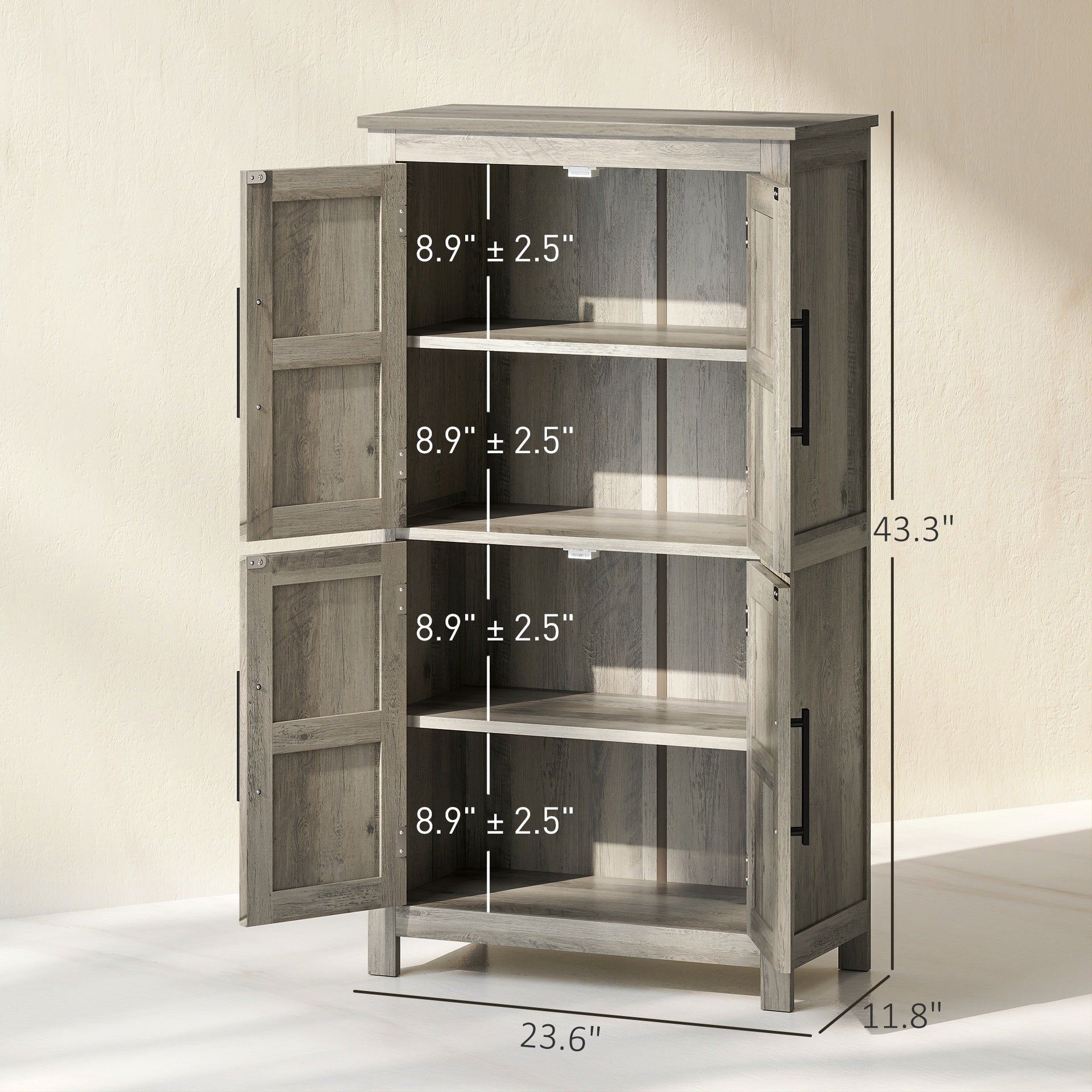 HOMCOM Bathroom Floor Storage Cabinet, Farmhouse Bathroom Cabinet with 4 Doors and Adjustable Shelf, Light Gray