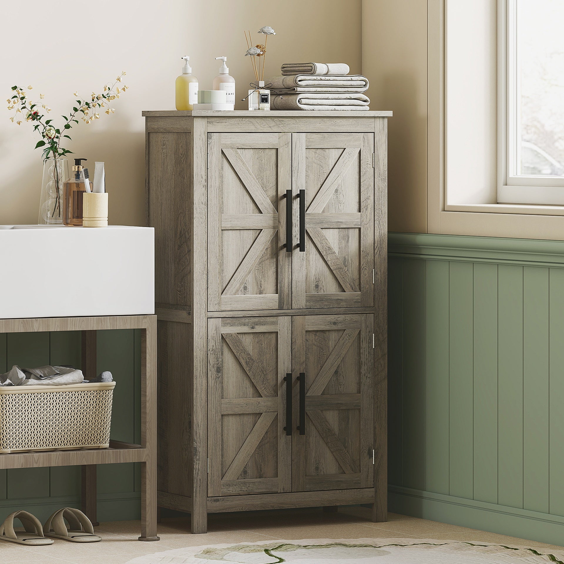 HOMCOM Bathroom Floor Storage Cabinet, Farmhouse Bathroom Cabinet with 4 Doors and Adjustable Shelf, Light Gray