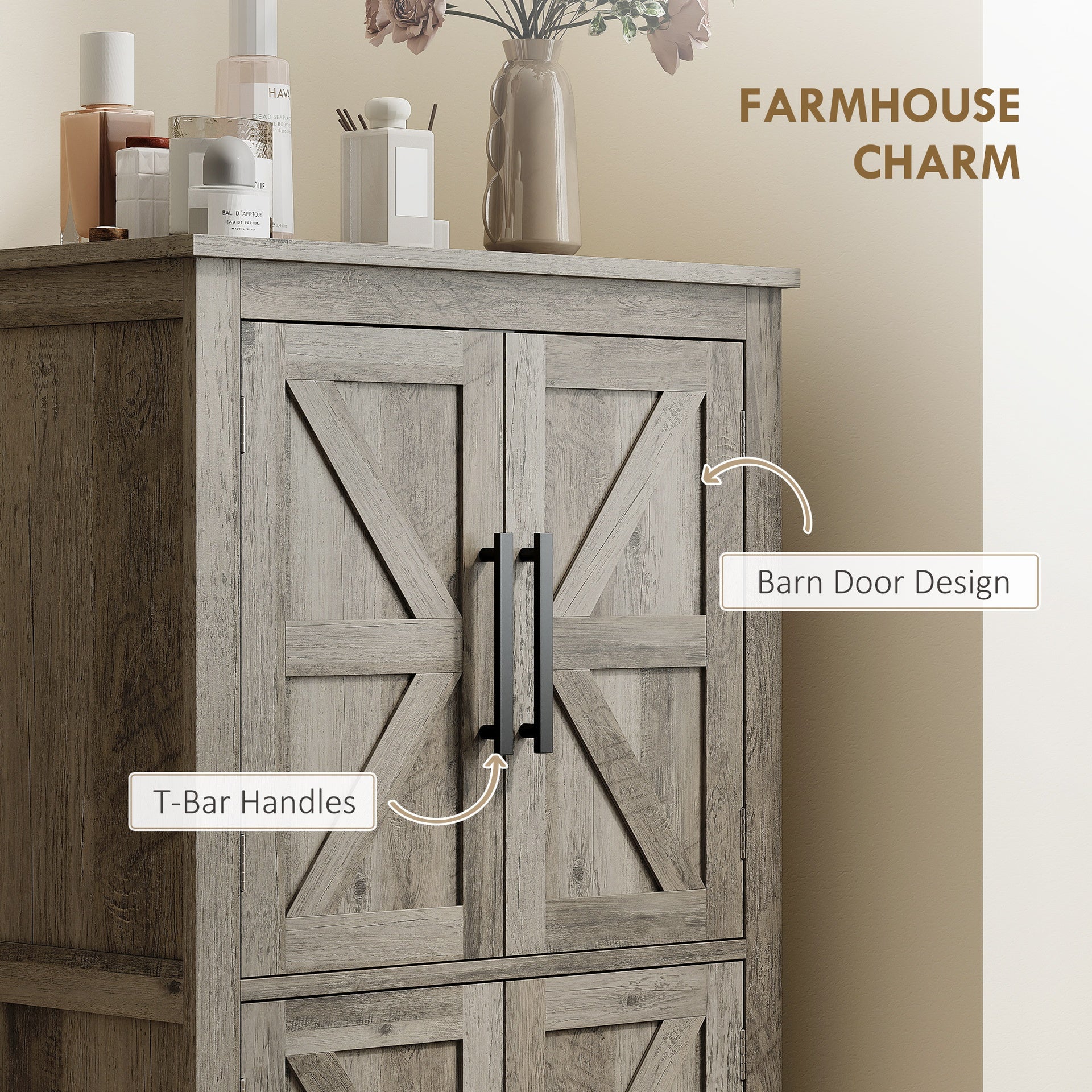 HOMCOM Bathroom Floor Storage Cabinet, Farmhouse Bathroom Cabinet with 4 Doors and Adjustable Shelf, Light Gray
